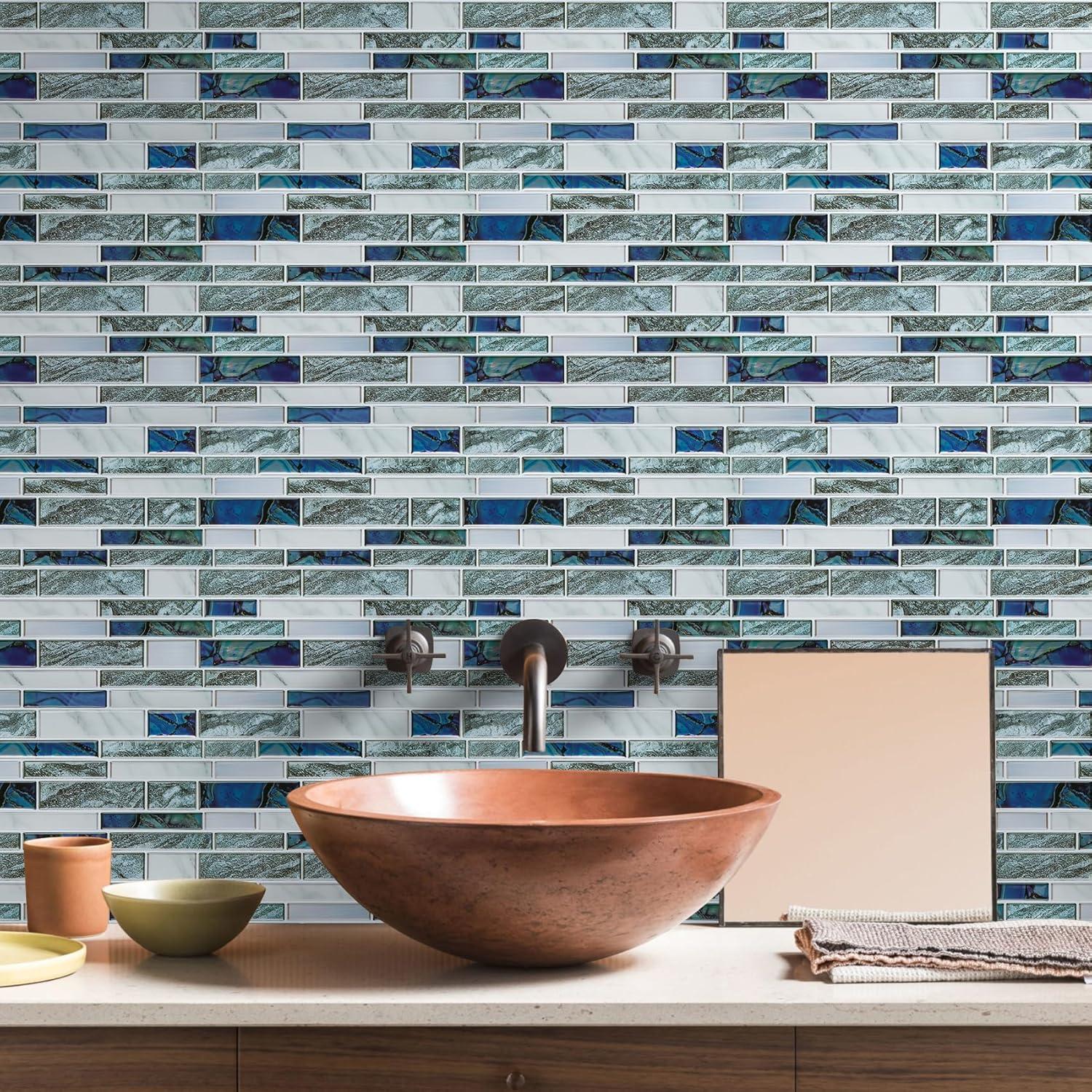 STICKGOO 10-Sheet Marble Look Peel and Stick Wall Tile, 12"x12" Premium Self Adhesive Tiles Kitchen Stick on Backsplash,Gray & Blue