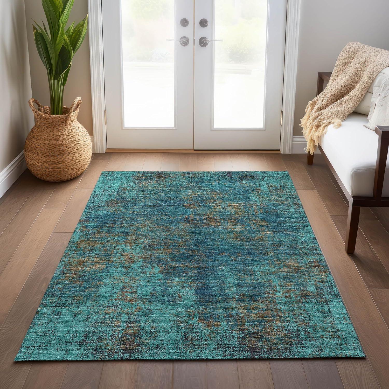 Teal Abstract Flat Woven Indoor Outdoor Area Rug