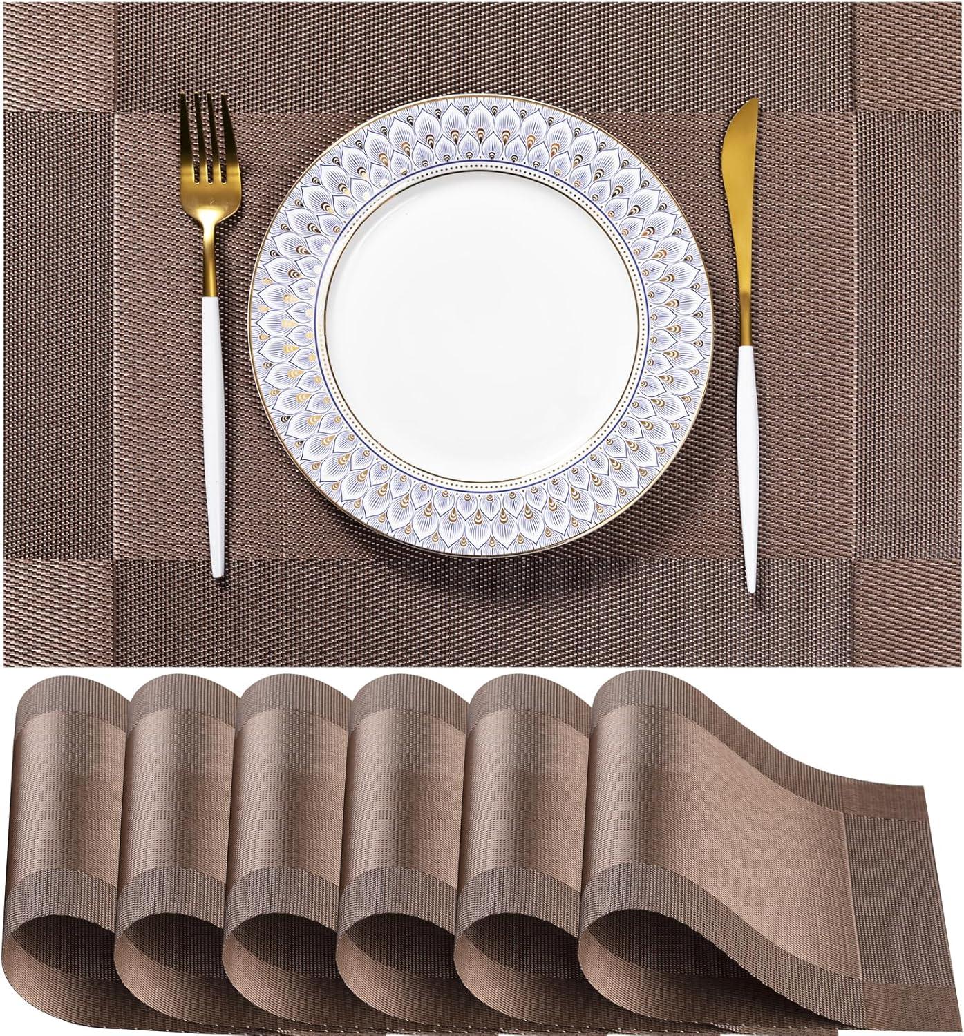 Vinyl Woven Placemats Set of 6 Classic Stylish Brown Patchwork Striped PVC Placemat for Dining Table Washable Non-Slip Waterproof Table Mats