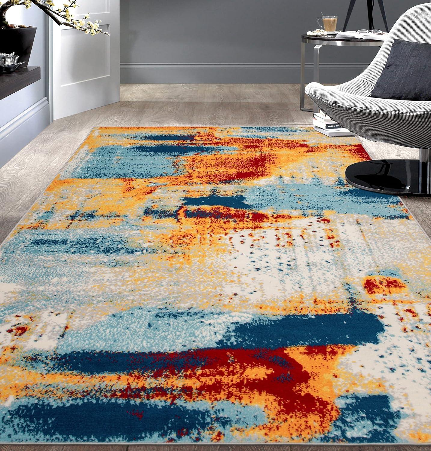 Bohemian Abstract Red and Blue 5' x 7' Synthetic Area Rug