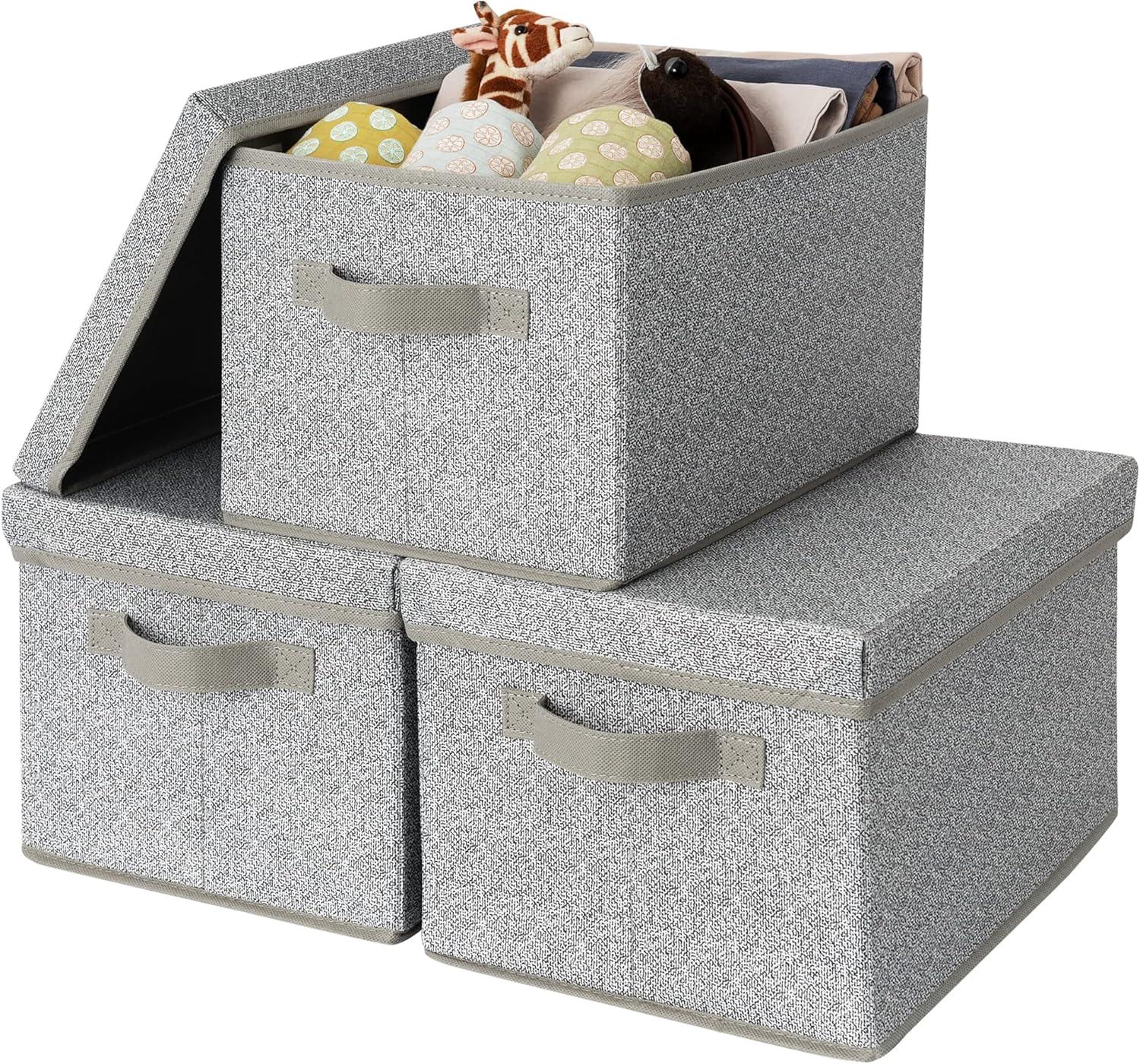 Gray Linen-Like Fabric Large Storage Bins with Lids, 3-Pack