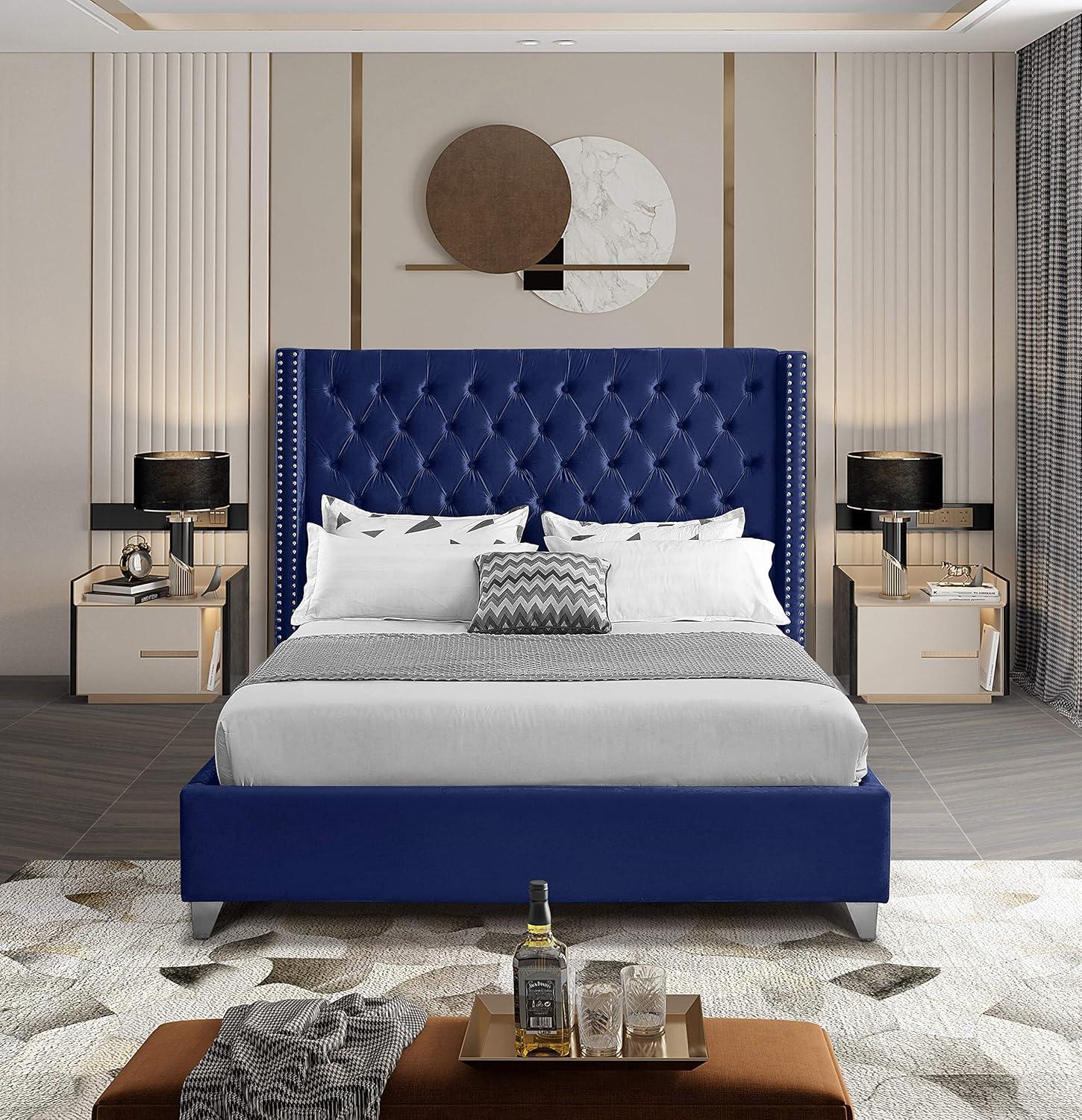 Meridian Furniture Aiden Velvet Queen Bed-Color:Navy Velvet,Style:Contemporary