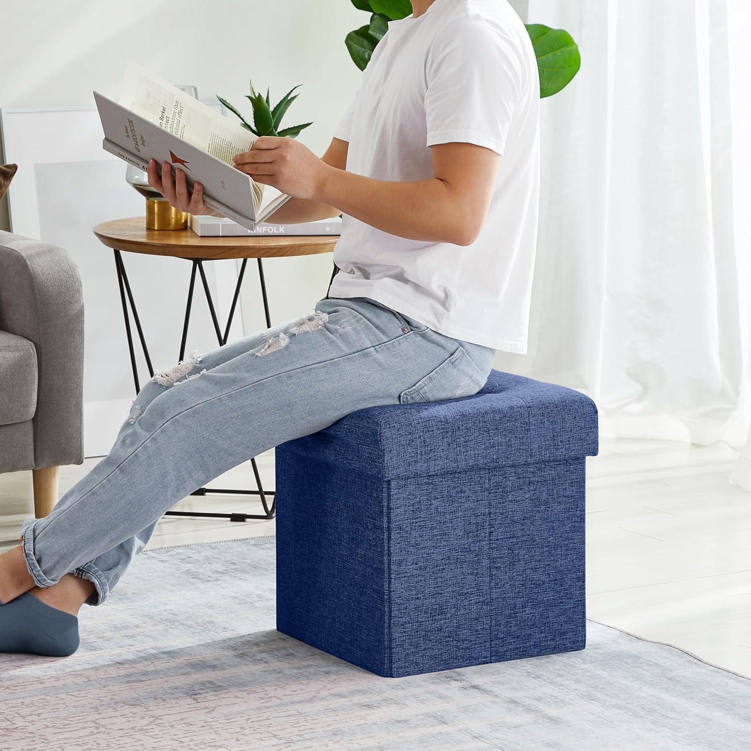 Contemporary Navy Blue Tufted Linen Foldable Storage Ottoman