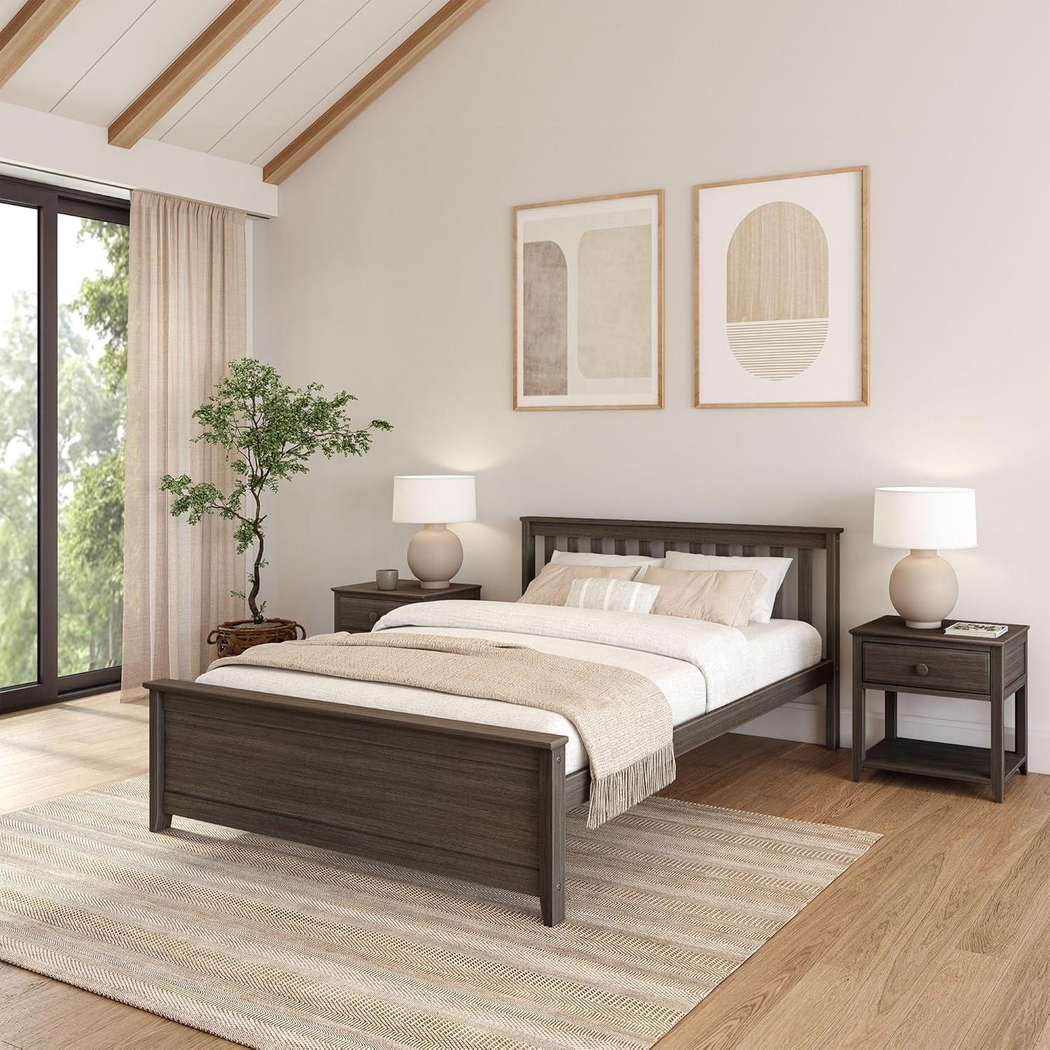 Plank+Beam Queen Bed Frame with Slatted Headboard Solid Wood Platform Bed, No box Spring Needed, Clay