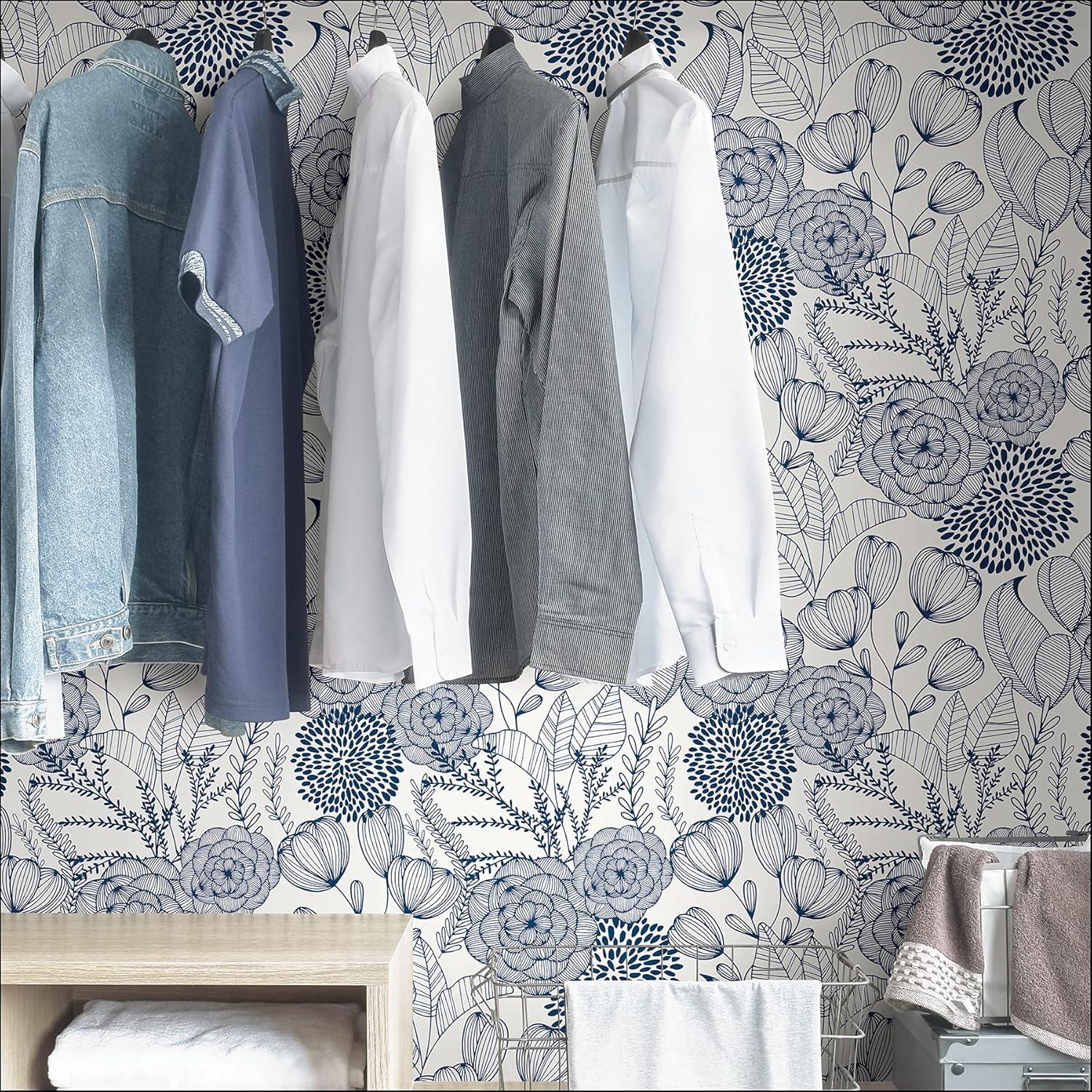 NuWallpaper Secret Garden Peel and Stick Wallpaper Navy: Removable Vinyl, Self-Adhesive, Smooth Finish, 28.2 Sq Ft Coverage