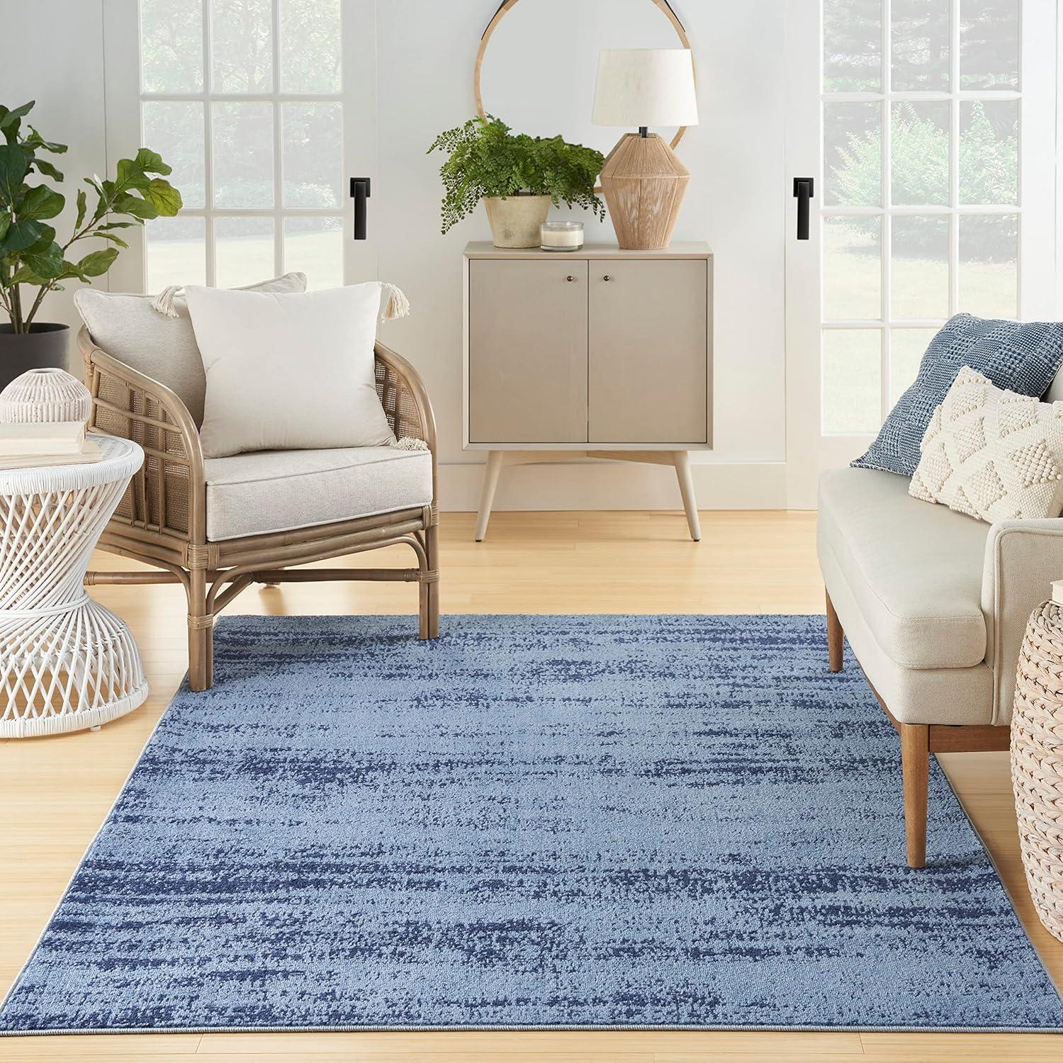 Denim Blue Abstract 5' x 7' Easy-Care Synthetic Outdoor Rug