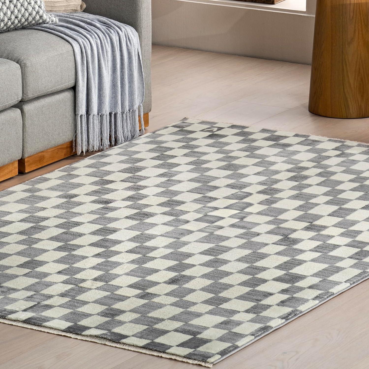 Dominique Gray 4' x 6' Abstract Checkered Synthetic Area Rug