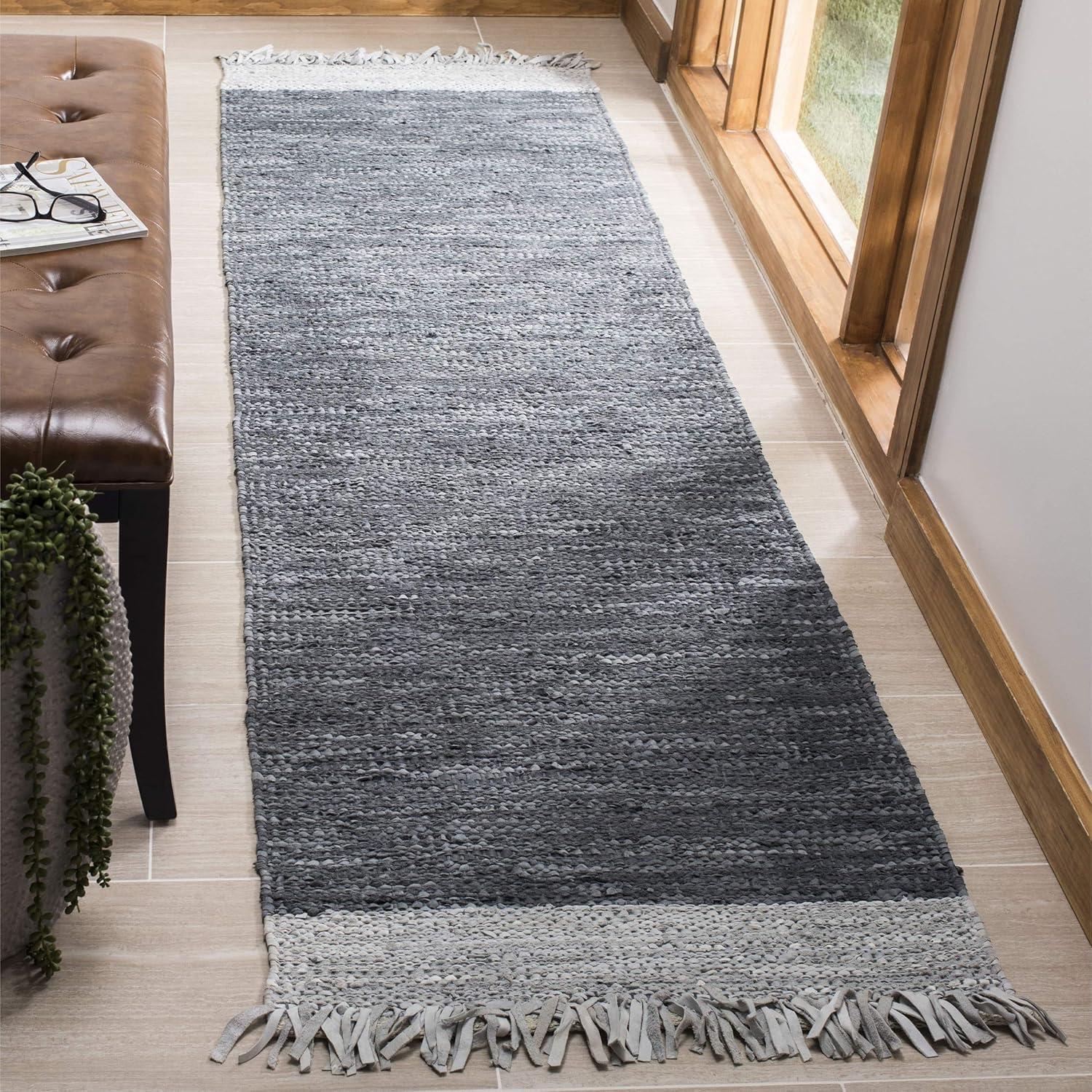 Handmade Light Grey and Dark Grey Leather Area Rug