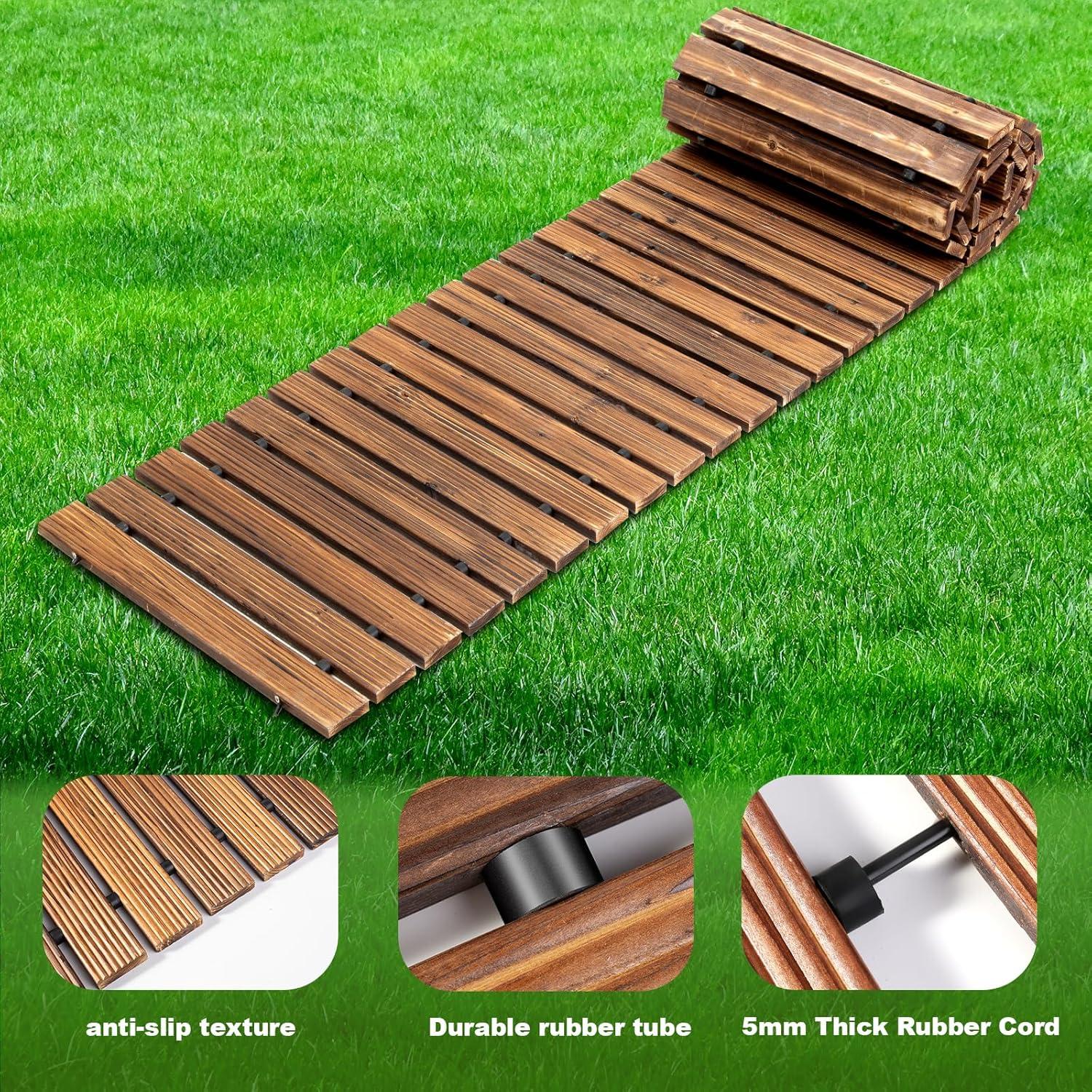 LINSHRY 12FT Wooden Garden Pathway, Outdoor Roll Out Decorative Garden Walkway, Weather-Resistant Non-Slip Hardwood Pathway for Backyard, Beach, Wedding Party Paths