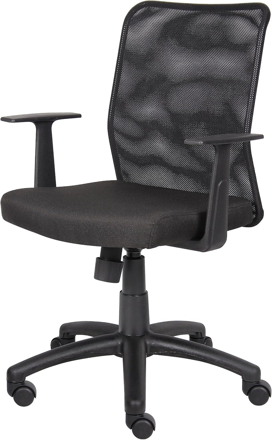 Budget Mesh Task Chair with T-Arms Black - Boss Office Products: Swivel, Adjustable Height, Nylon Base