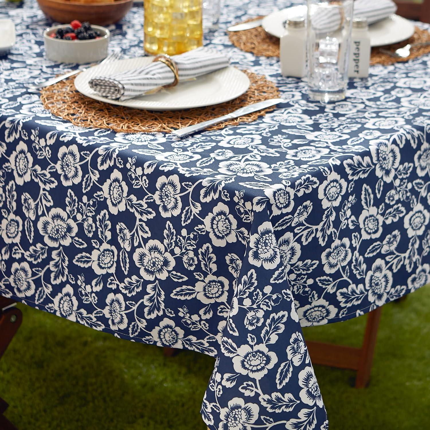 Design Imports  Nautical Blue Floral Print Outdoor Tablecloth 60 Round