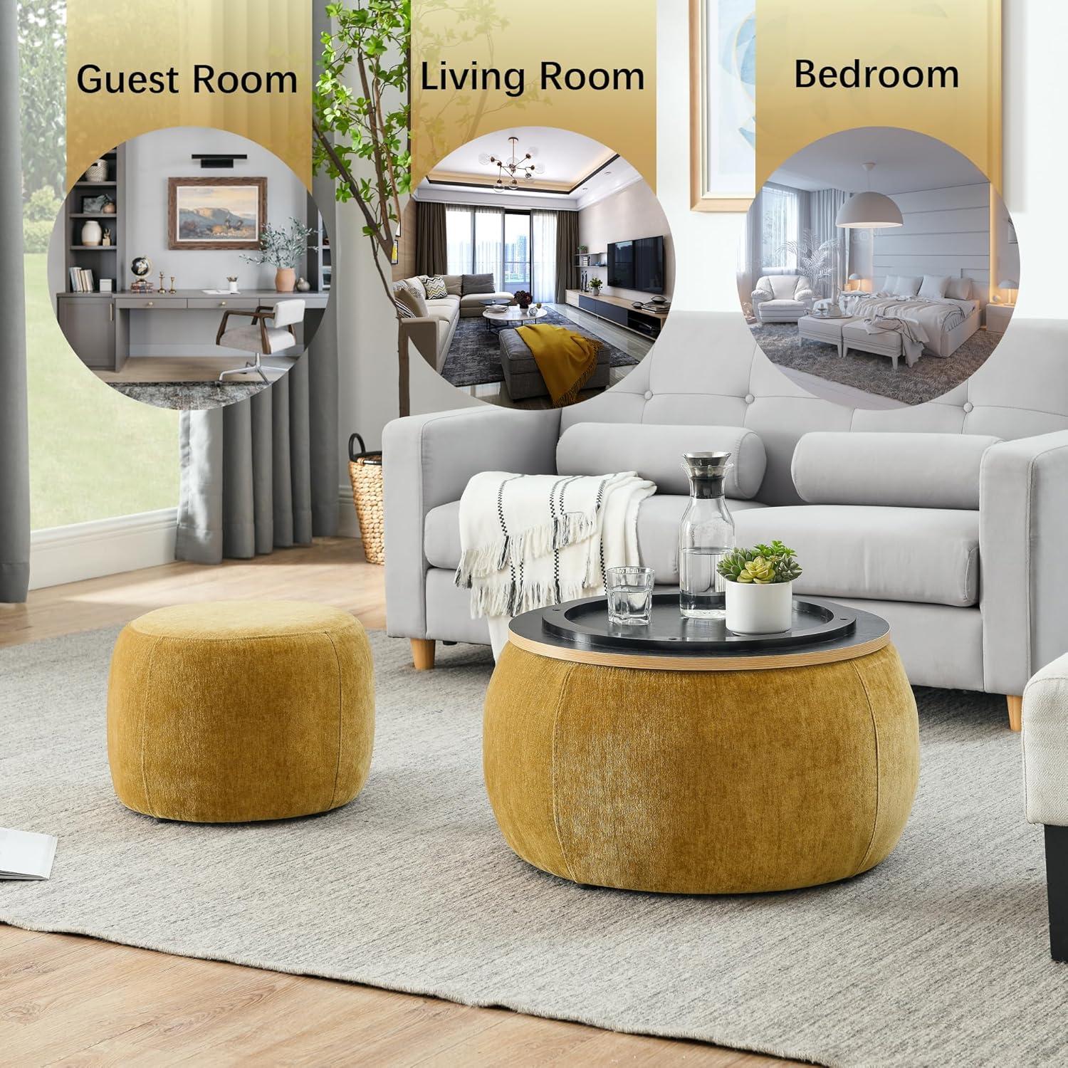 2-Piece Set Round Chenille Storage Ottoman, Equipped with a Drum Shaped Small Stool, Storage Space, and MDF Made Desktop Panel (Dark Blue, 25"x25"x14.7")