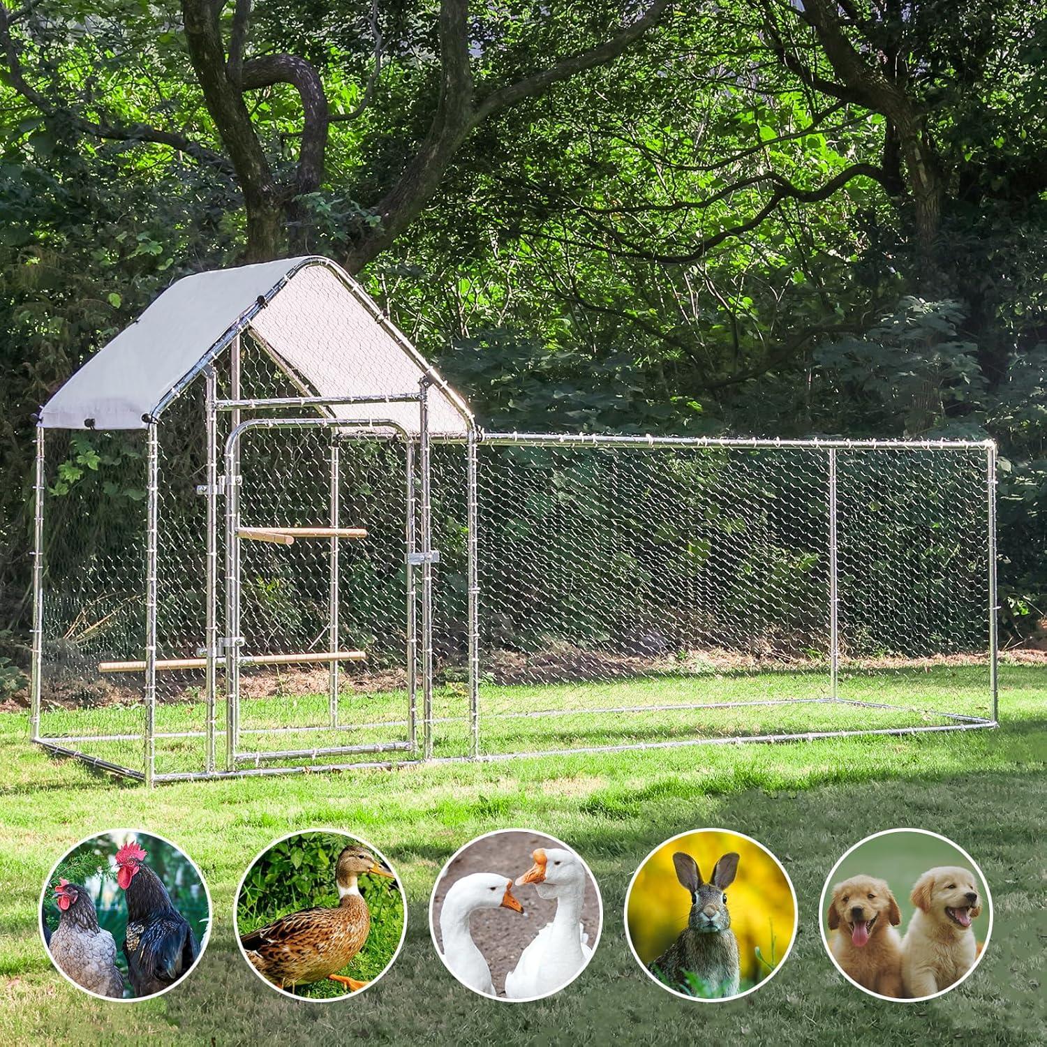 Large Metal Chicken Coop Run, Outdoor Walk-in Poultry Cage with Spire Roof, for Hen House, Duck Coop and Rabbit Run, Silver (9.8' L x 3.28' W x 4.92' H)