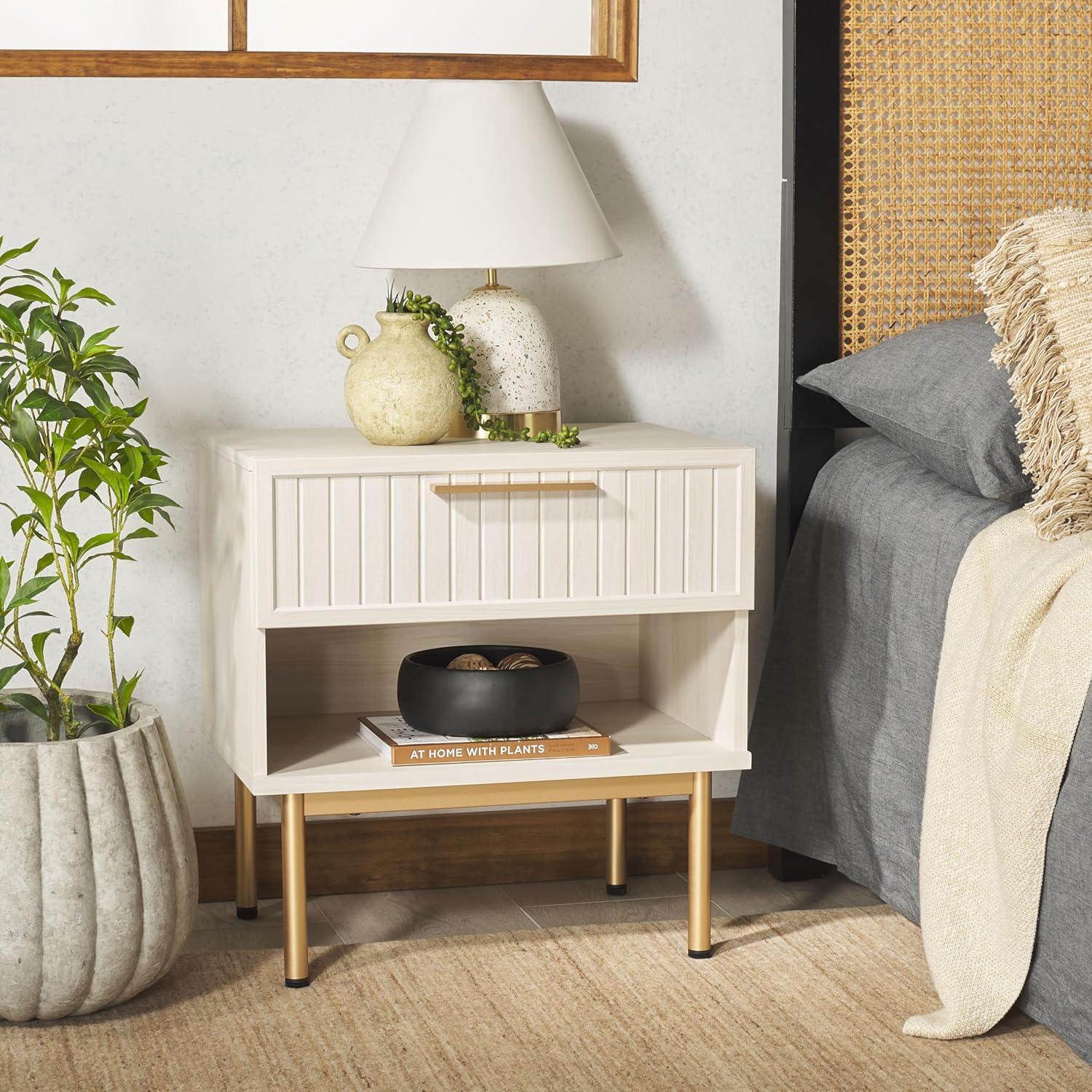 Axelle 1 Drawer Nightstand - Bleached White/Gold - Safavieh