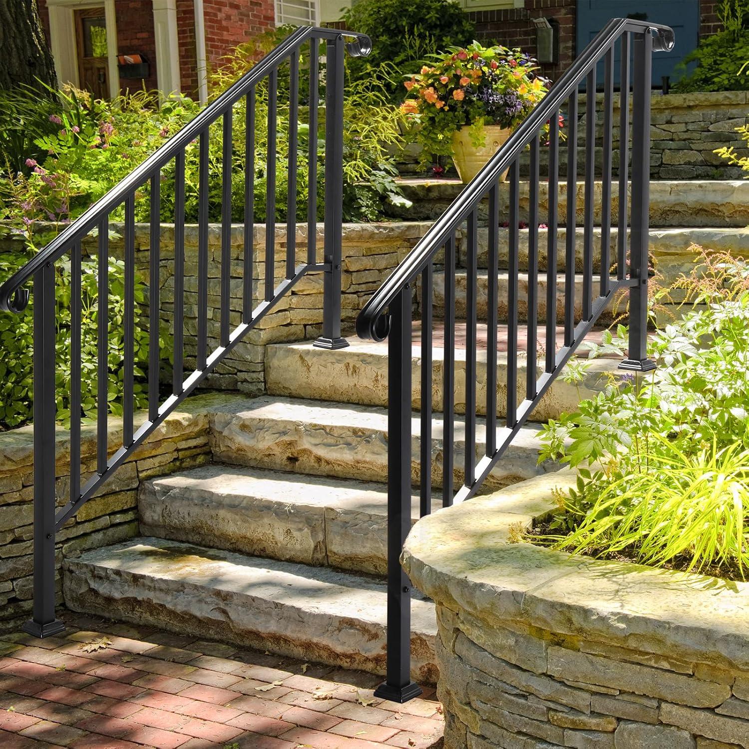 HLL Handrails for Outdoor Steps, Black Wrought Iron Handrail Fits 4 or 5 Steps, Transitional Handrail with Installation Kit, Stair Railing for Concrete Steps or Wooden Stairs