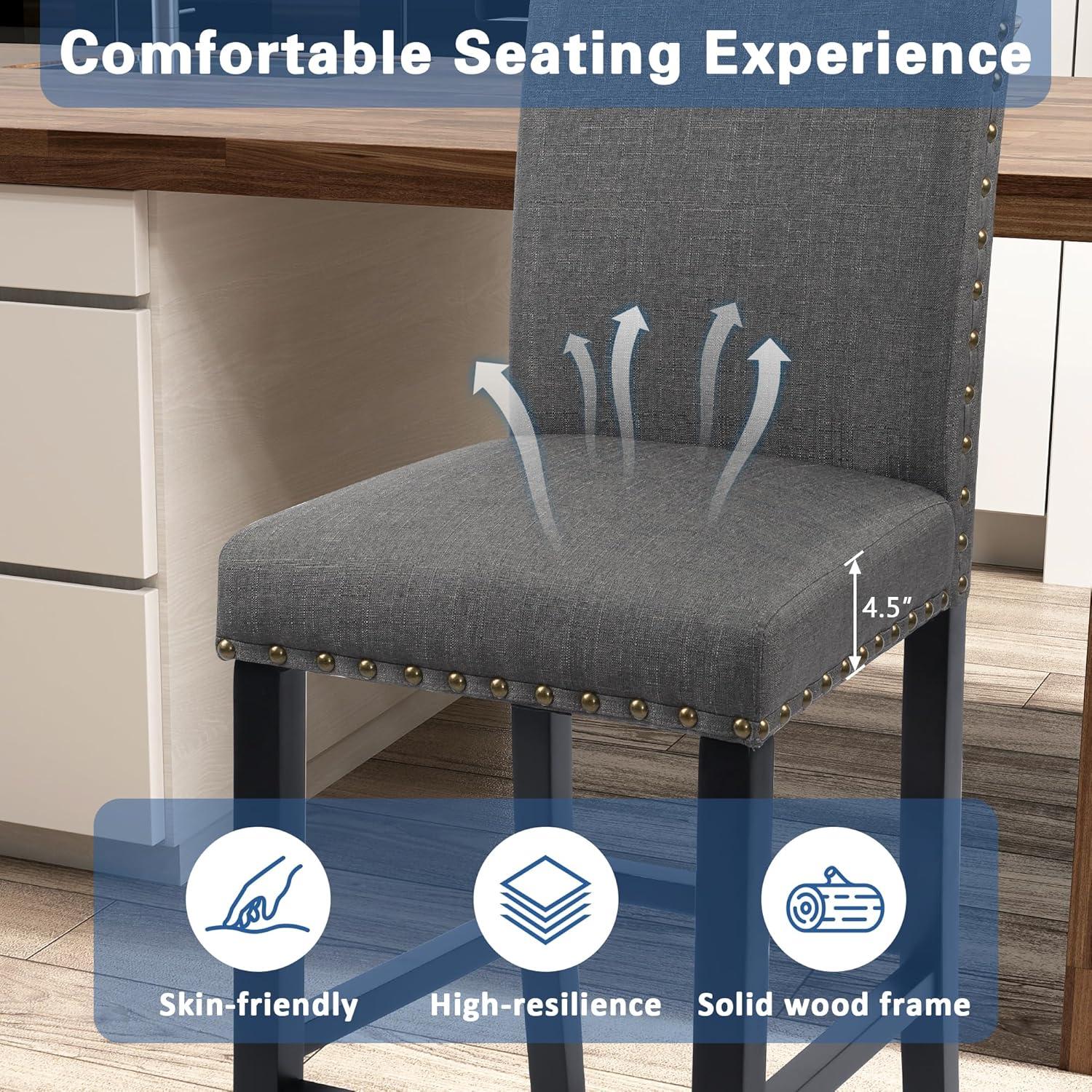 GOTMINSI Counter Height Bar Stool, Classic Upholstered 24 Inches Counter Height Stools Set of 4 barstools with Solid Wood Legs and Grey Fabric
