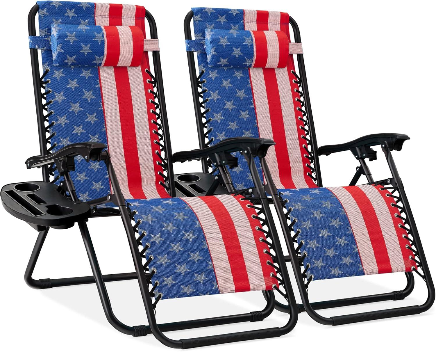 Best Choice Products Set of 2 Zero Gravity Lounge Chair Recliners for Patio, Pool w/ Cup Holder Tray - American Flag