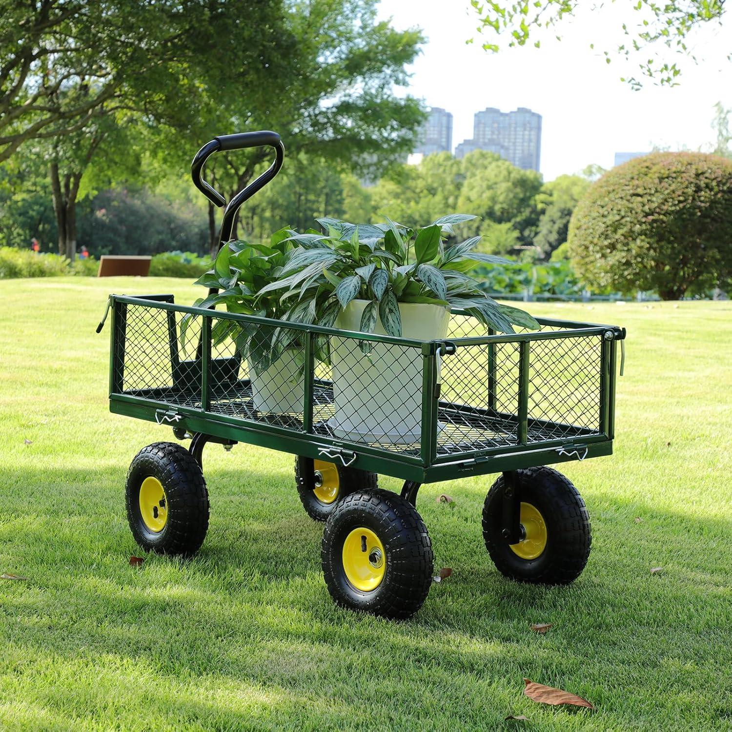 Homdox Steel Garden Cart 880 lbs Capacity Heavy Duty Garden Wagons,with Removable Steel Mesh Sides to Convert into Flatbed,Utility Metal Wagon w/ 180°Rotating Handle and 2 Tags Recyclable