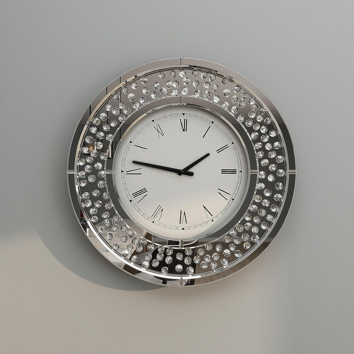 DecMode 20" White Glass Mirrored Wall Clock with Floating Crystals