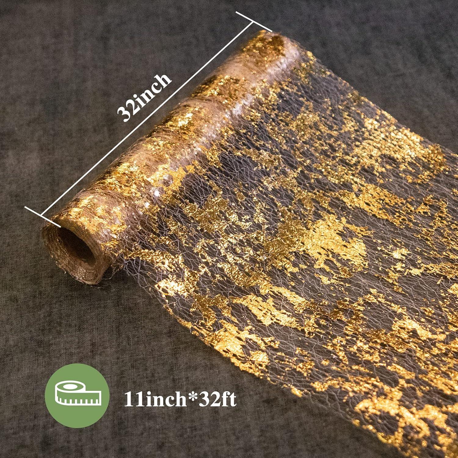 Glitter Metallic Gold Foil Mesh Table Runner - 11 inch x 32 Feet | Elegant Table Decor | Durable Polyester Fiber | Easy to Cut | Enhance Home Decoration