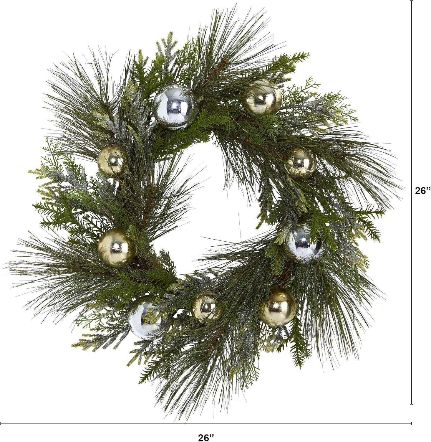 Nearly Natural 26” Sparkling Pine Artificial Wreath with Decorative Ornaments