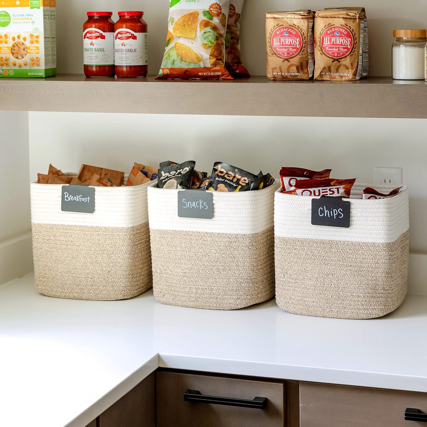 11x11x11 Woven Baskets for Storage - 3 Pack, Cotton Rope Baskets with Leather Handles, White & Light Brown - Cube Storage Organizer for Bedroom, Nursery Room, Living Room