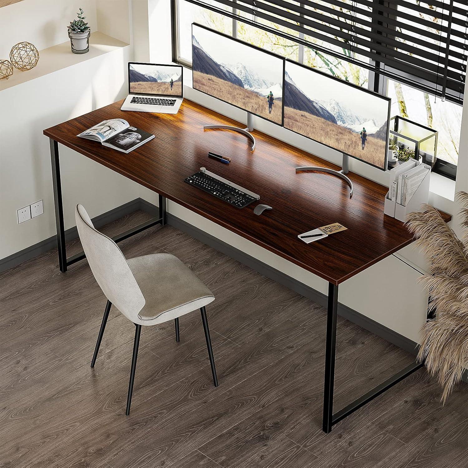 Deep Brown Rectangular Wood Computer Desk with Metal Frame