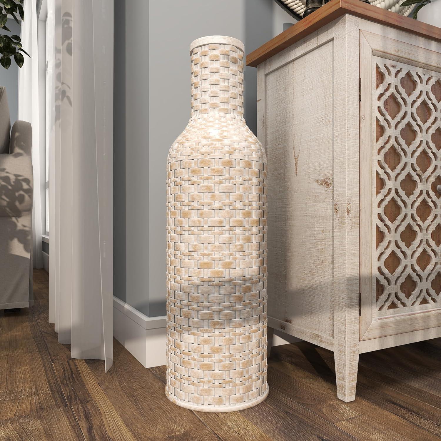 DecMode White  Bohemian Metal Vase with Distressed Weaving Pattern, 9" x 9" x 30", Features Neutral Woven Patterns