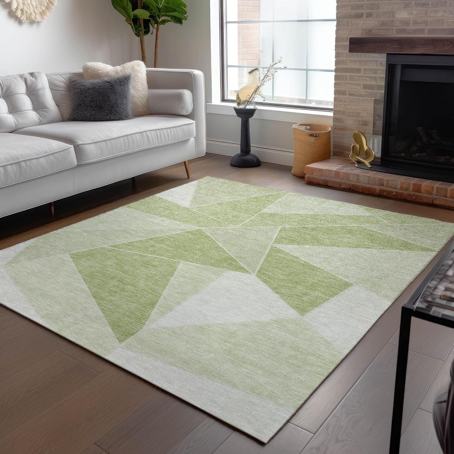 Aloe Green Geometric 9' x 12' Washable Synthetic Rug