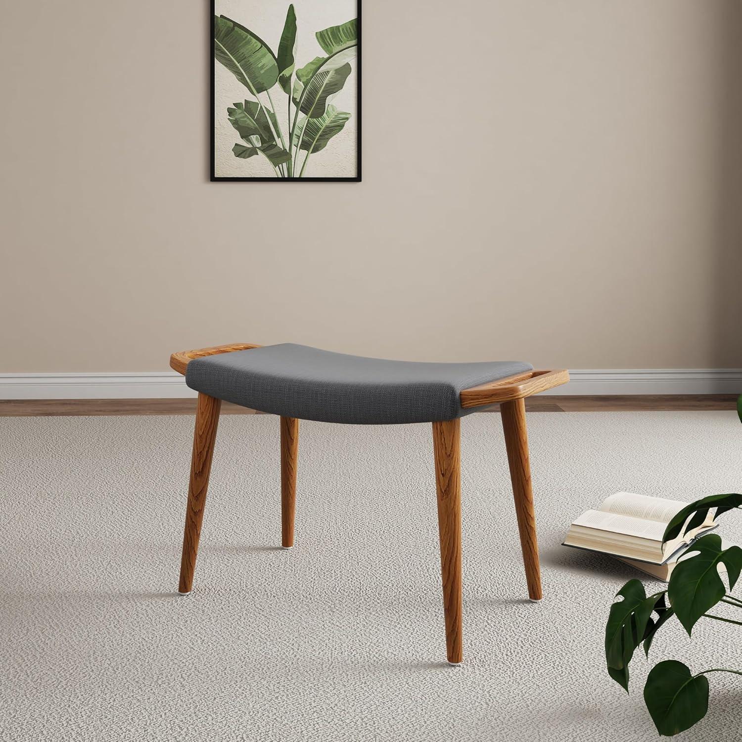 Manhattan Comfort Geta Ottoman Charcoal: Upholstered Linen Footstool, Ash Wood Legs, No Assembly Required