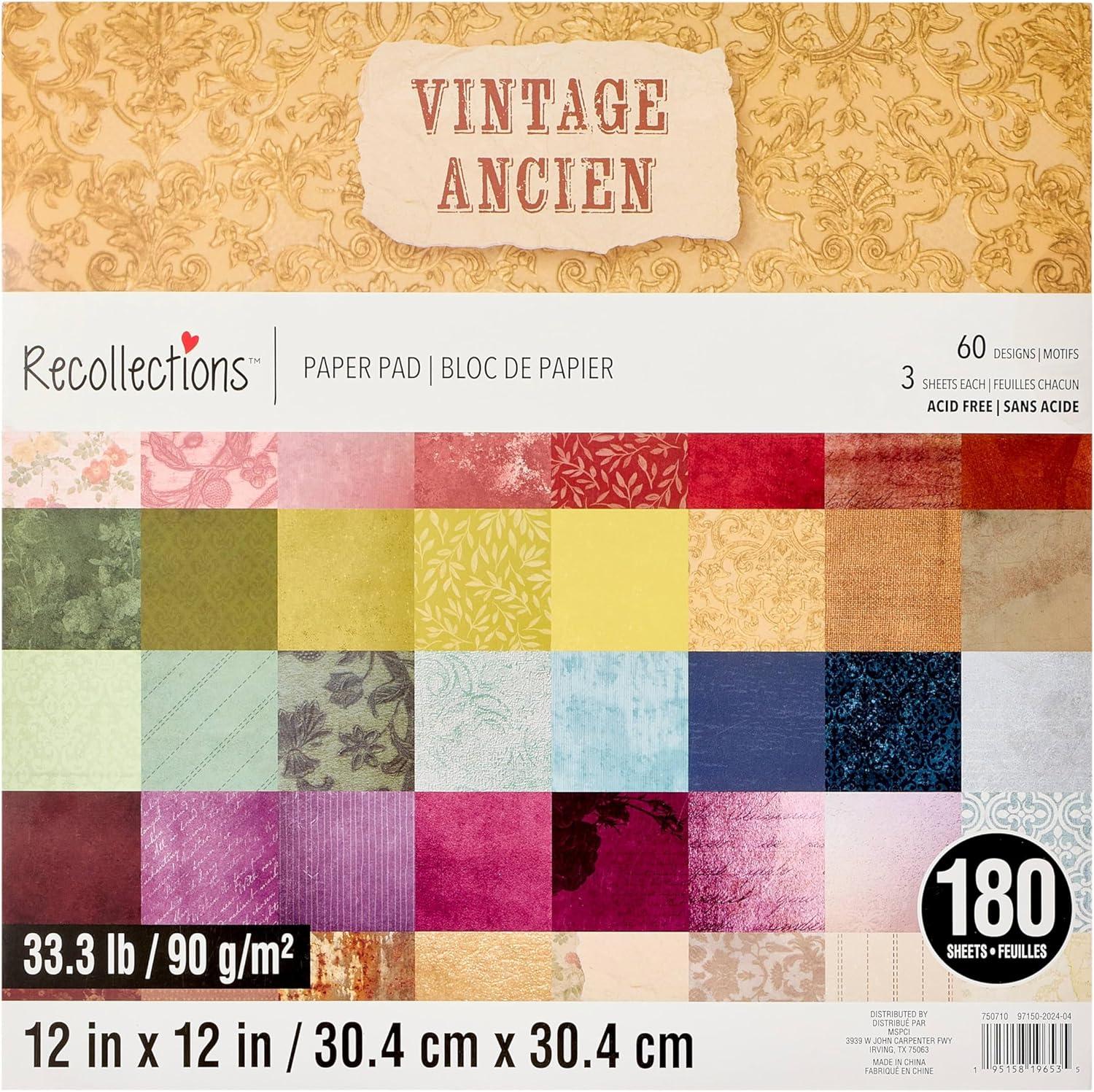 12" x 12" Vintage Paper Pad by Recollections - Premium Scrapbook & Crafting Paper for DIY Projects - Card Making - & Decorative Arts - 180 Sheets