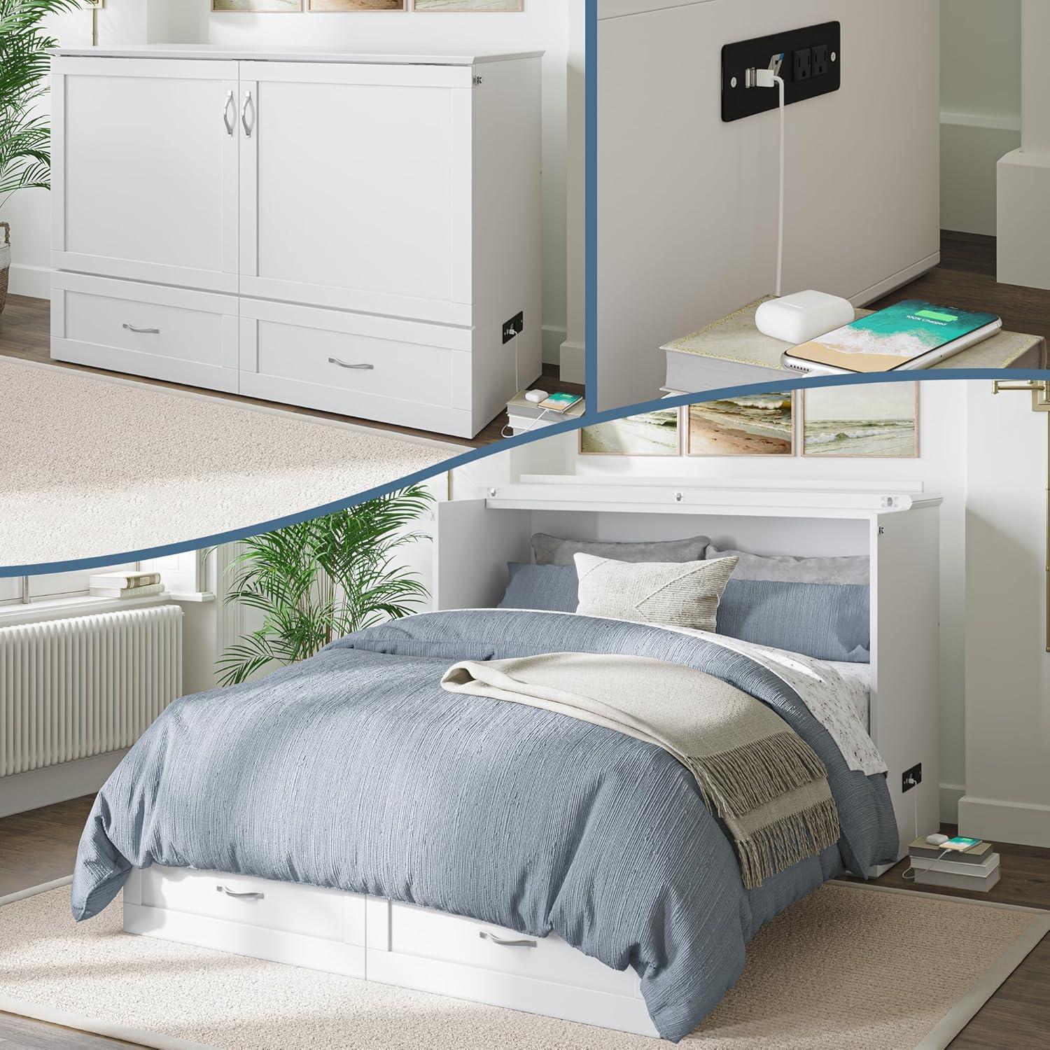 AFI Hamilton Full Solid Wood Murphy Bed Chest with Built-In Charger in White