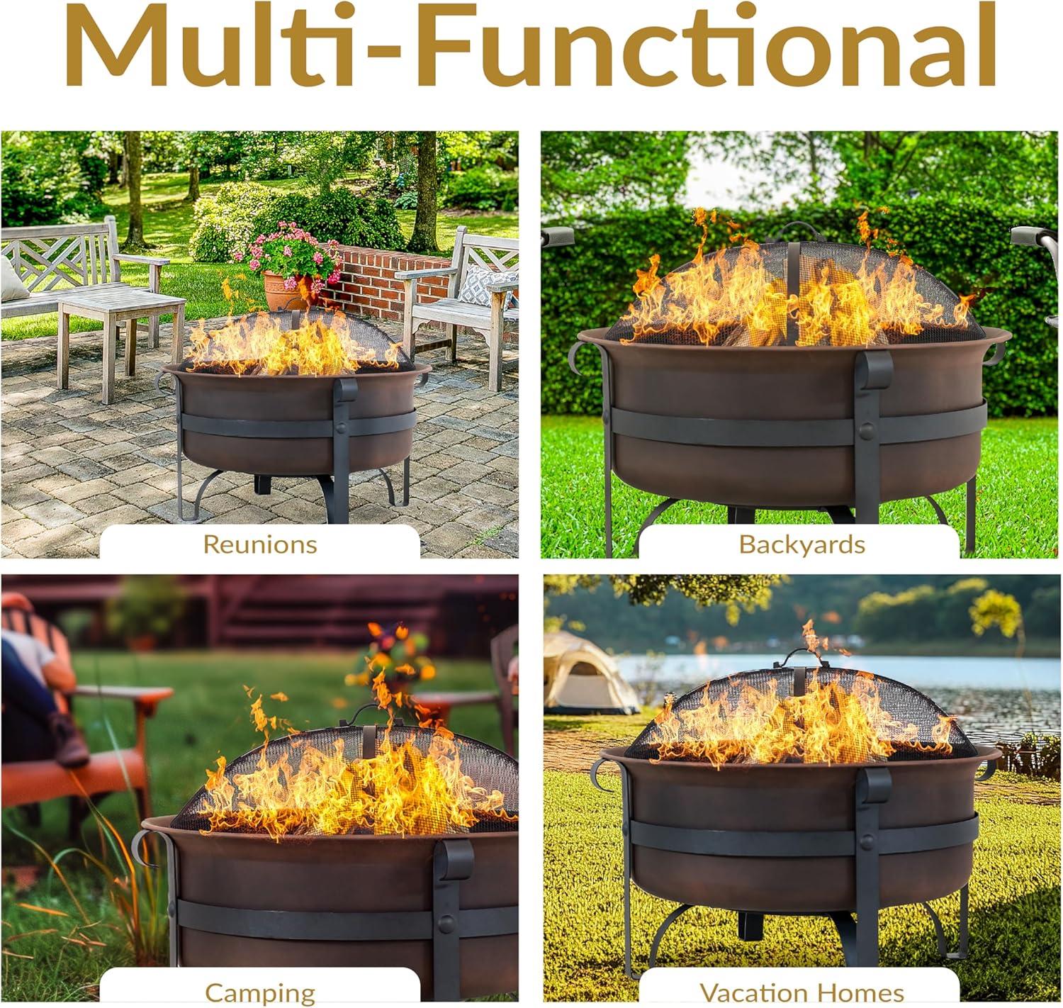Sunnydaze Outdoor Camping or Backyard Large Round Cauldron Fire Pit Bowl with Log Poker and Spark Screen - 29"