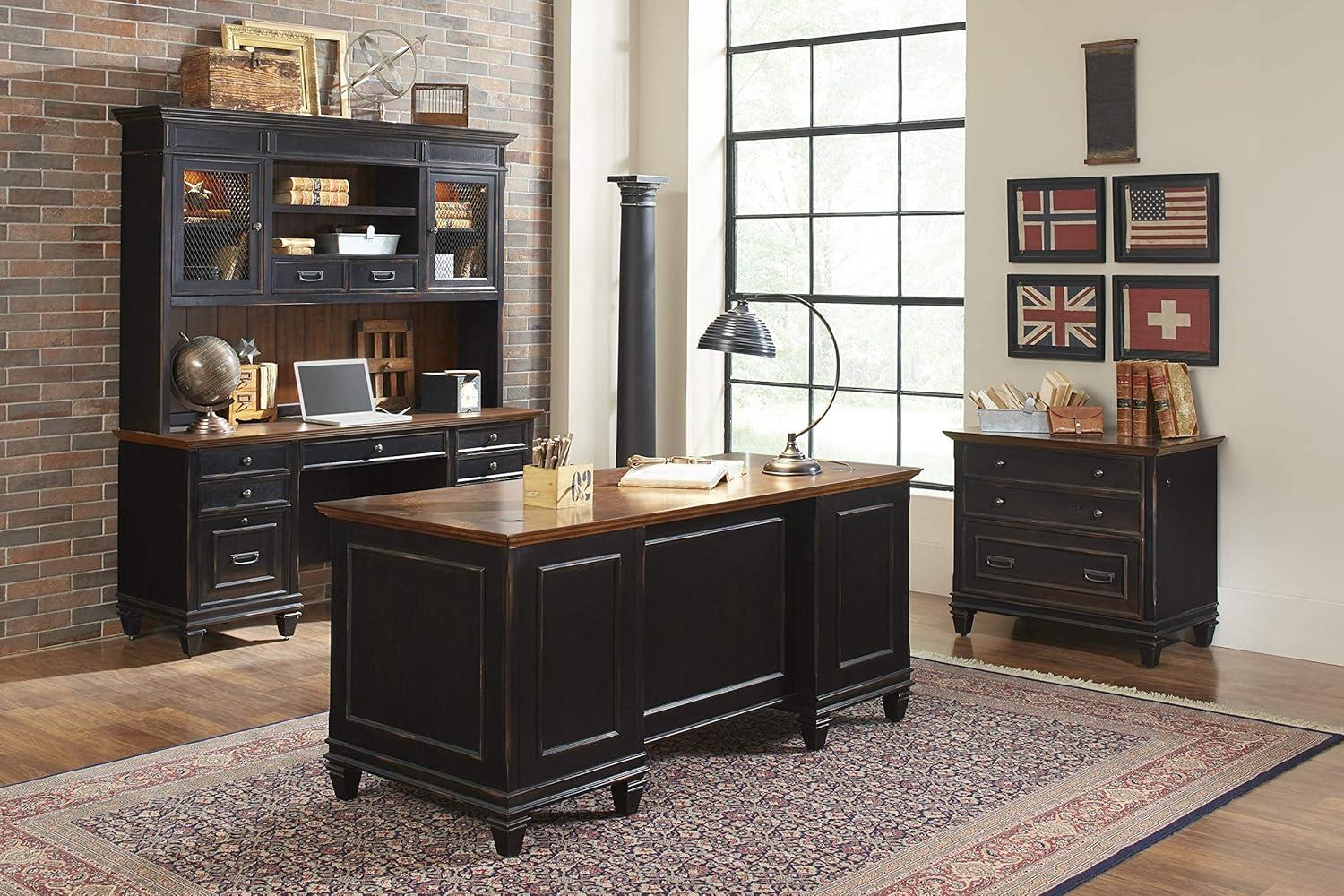Hartford Executive Home Office Desk with Hutch, Black and Brown