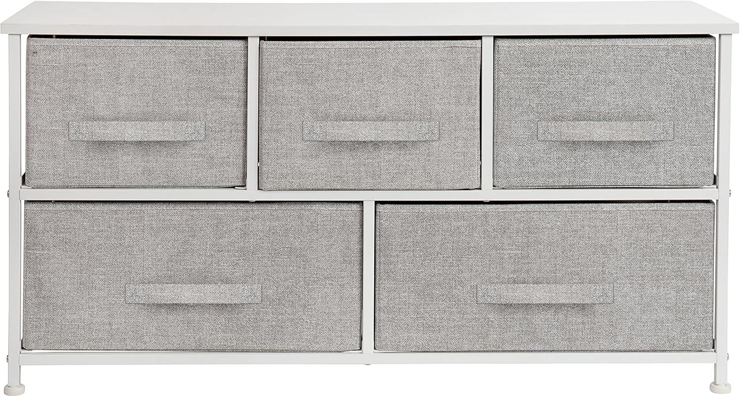 Flash Furniture 5 Drawer Wood Top White Cast Iron Frame Vertical Storage Dresser with Light Gray Easy Pull Fabric Drawers