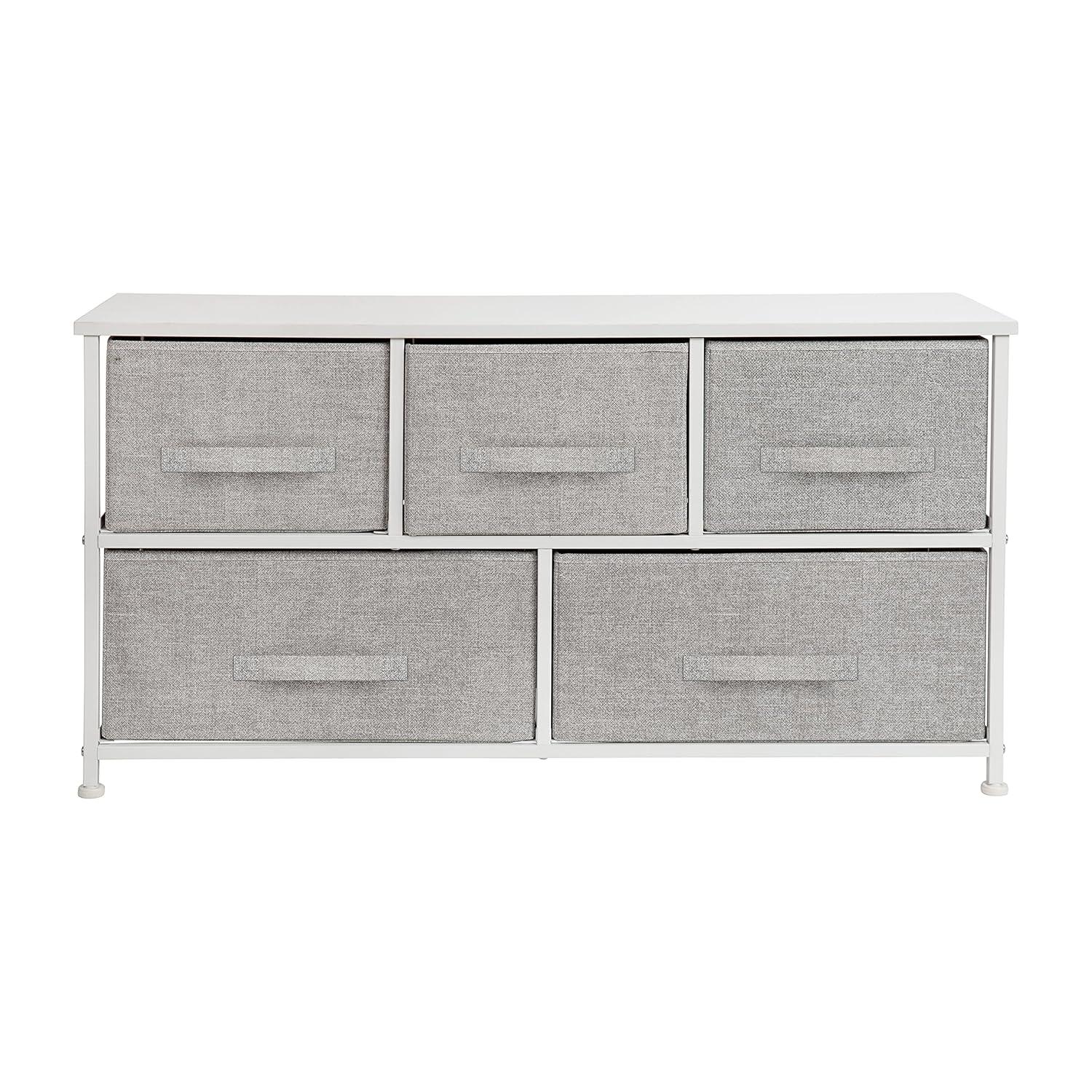 Flash Furniture 5 Drawer Wood Top White Cast Iron Frame Vertical Storage Dresser with Light Gray Easy Pull Fabric Drawers