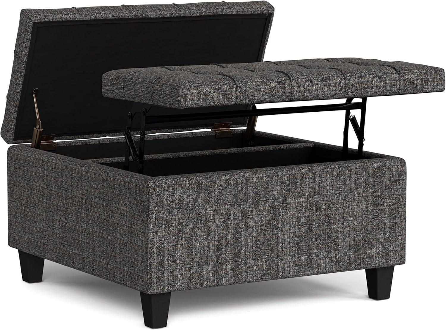 Simpli Home Harrison 30 inch Wide Transitional Square Small Coffee Table Storage Ottoman in Ebony Tweed Vegan Faux Leather