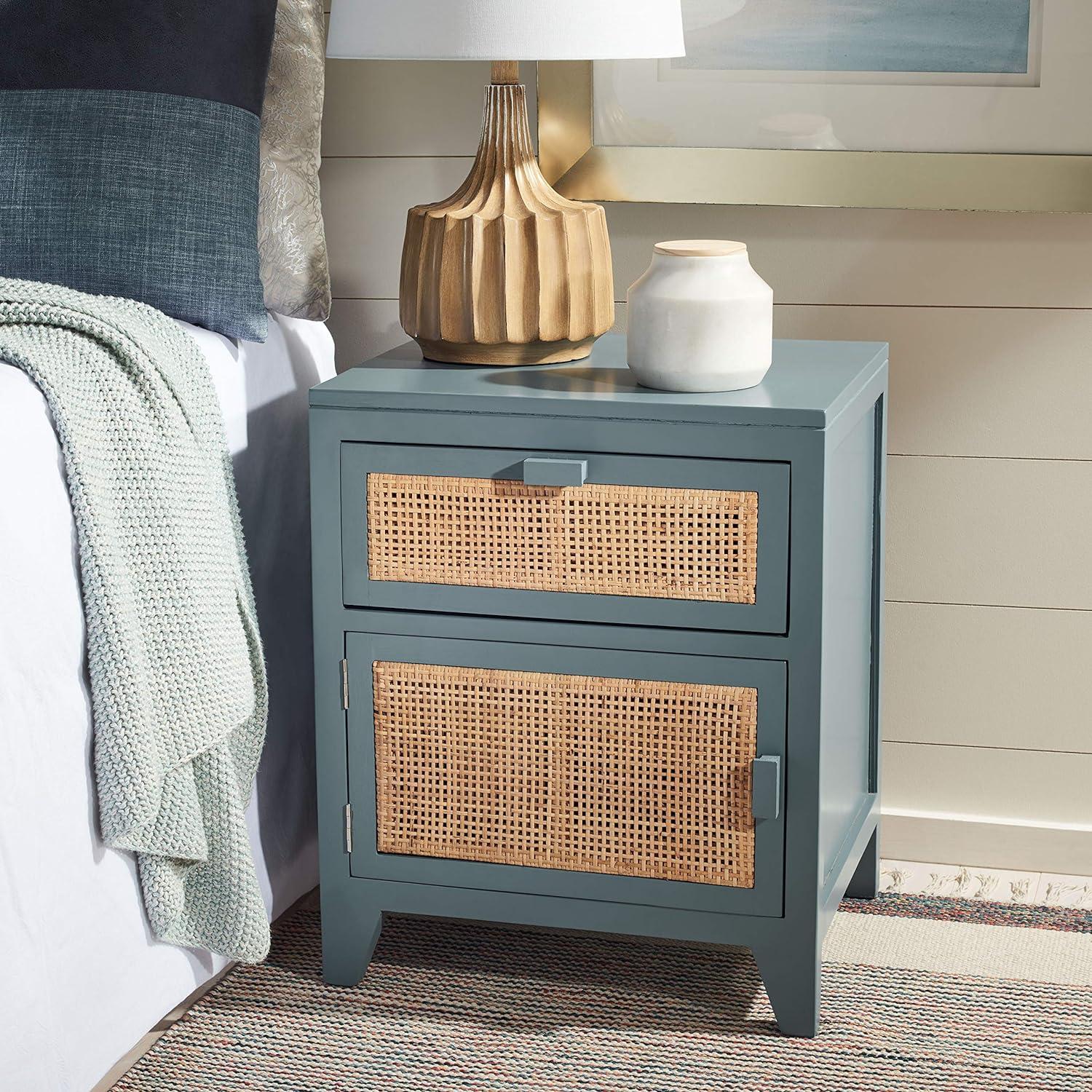 Devon Coastal Blue Grey Mahogany and Natural Rattan Nightstand