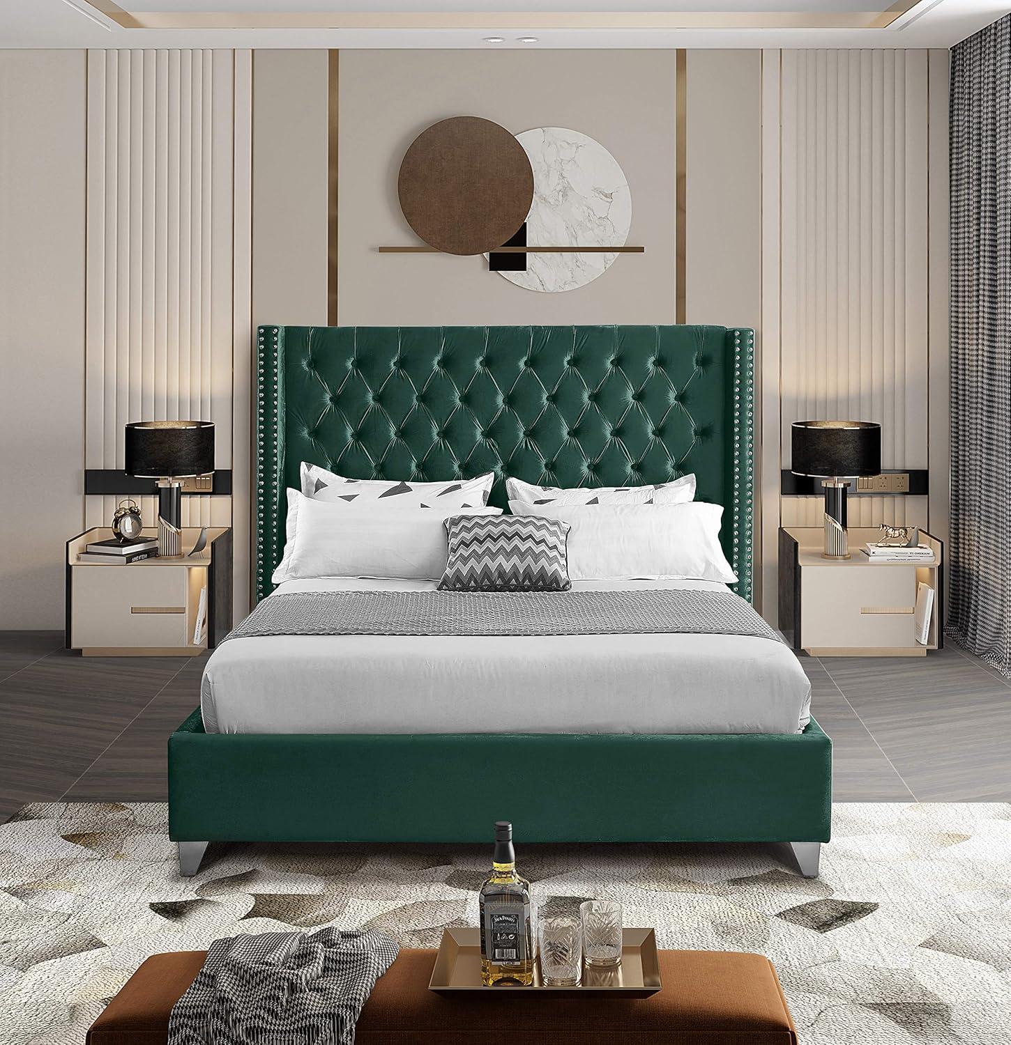 Homestock Asian Allure Green Velvet King Bed