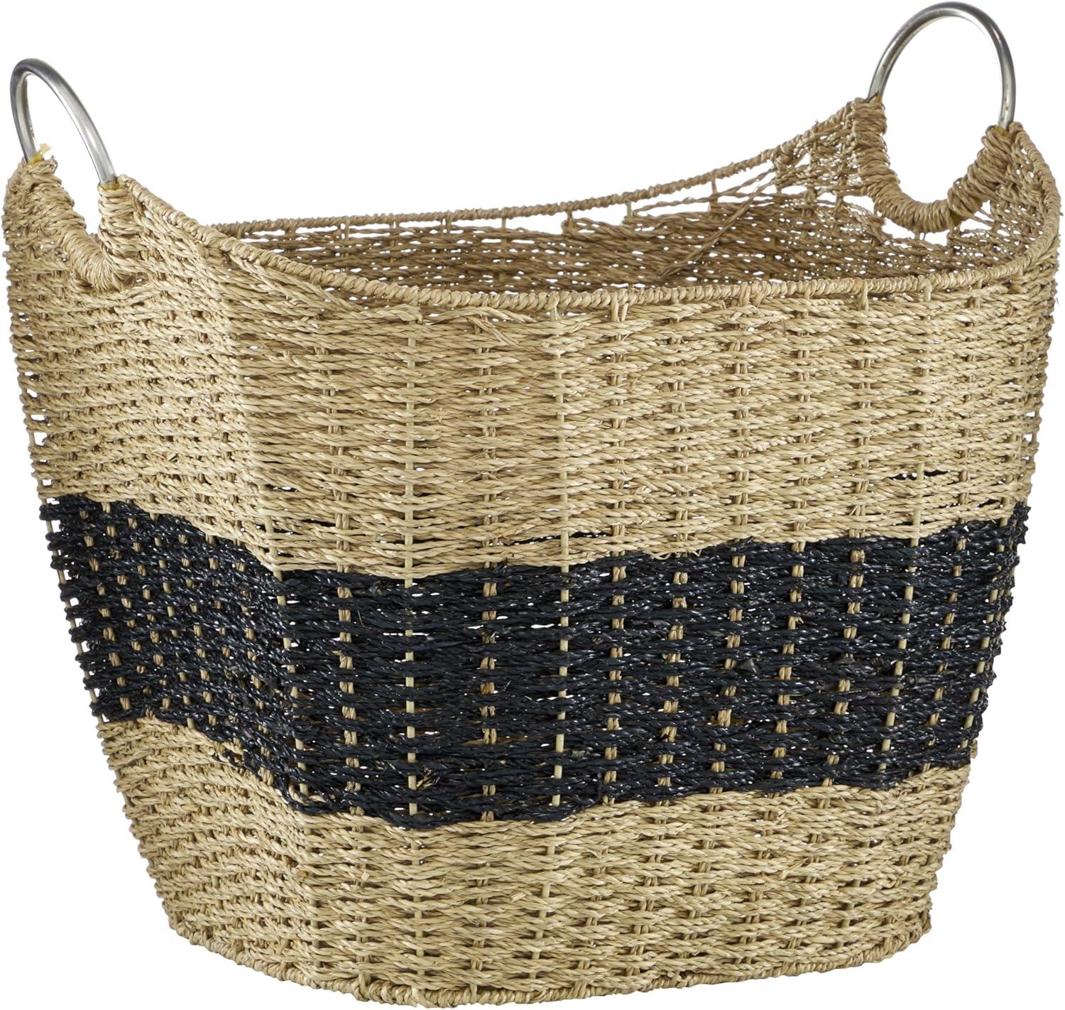 DecMode 21" x 19" Brown Seagrass Handmade Two Toned Storage Basket with Metal Handles, 1-Piece