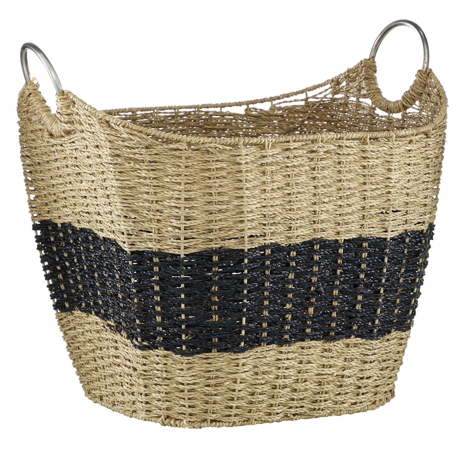 DecMode 21" x 19" Brown Seagrass Handmade Two Toned Storage Basket with Metal Handles, 1-Piece