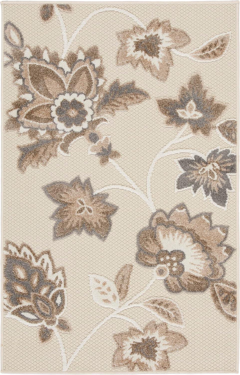 Nourison Aloha Floral Farmhouse Flatweave High-Low Indoor Outdoor Area Rug Beige 2'8" x 4'