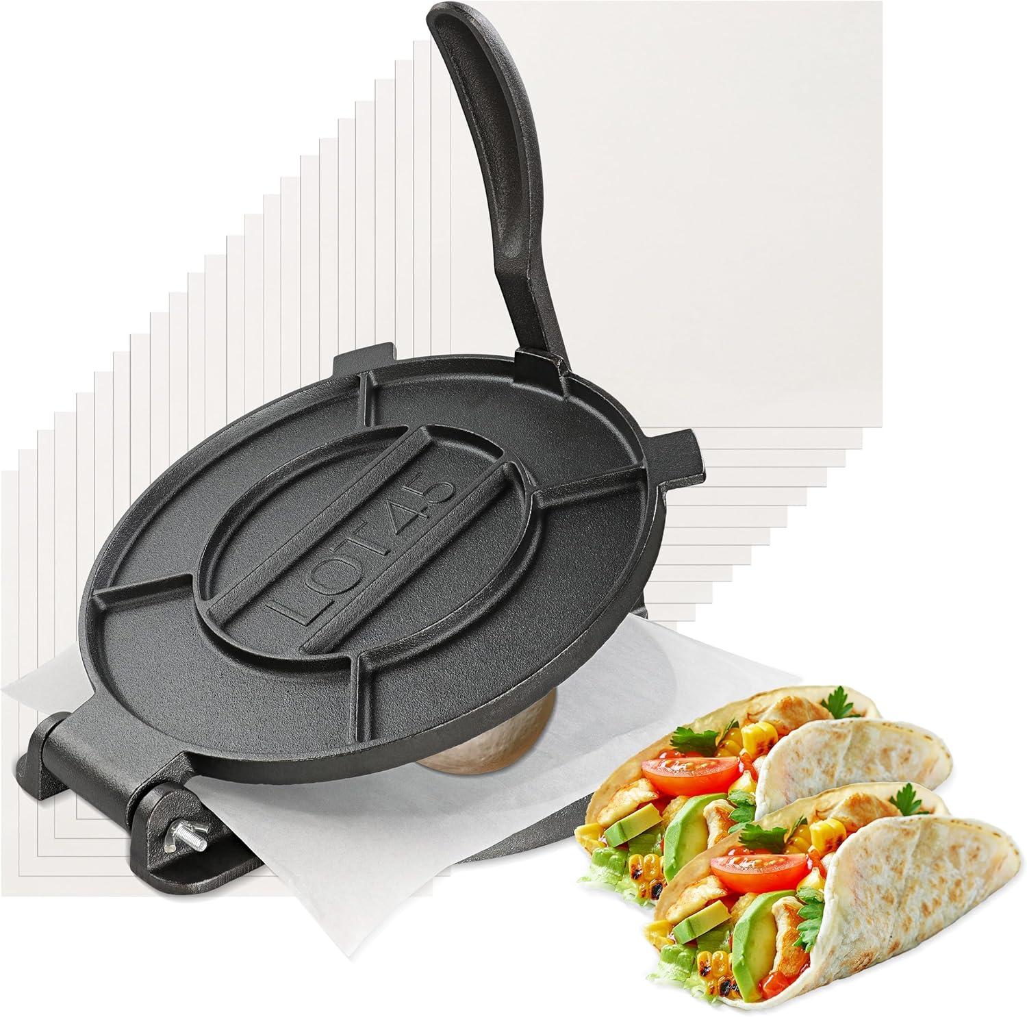 Lot45 12-Inch Black Cast Iron Tortilla Press with Parchment Sheets