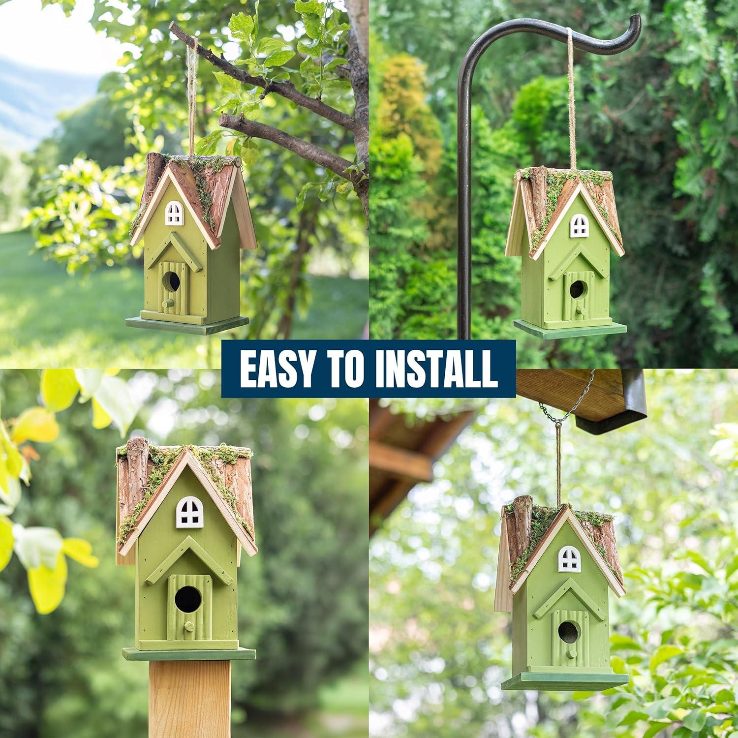 MEKKAPRO Rustic Handcrafted Wooden Birdhouse with Natural Moss Detail - Inviting Garden Sanctuary for Birds