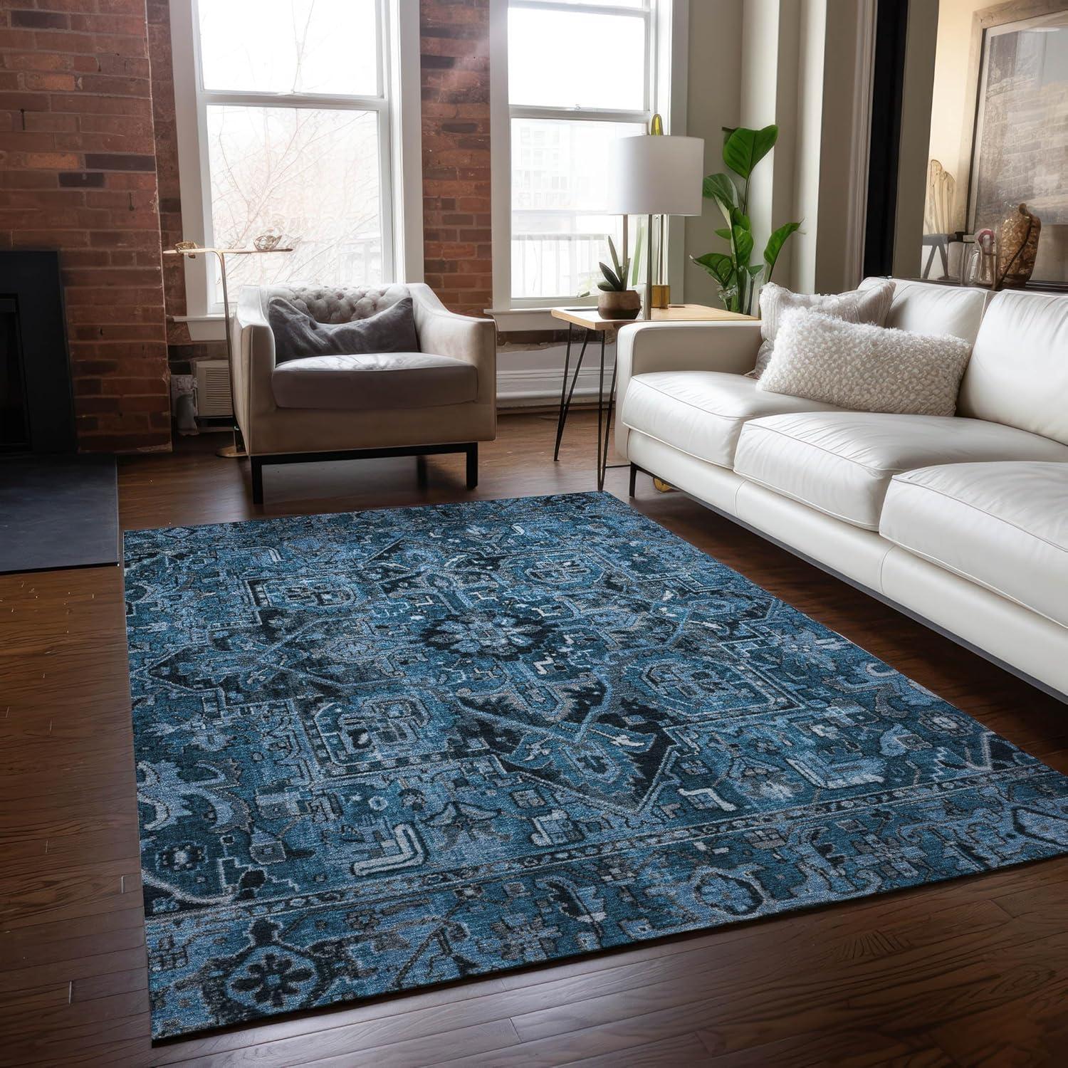 Blue 8' x 10' Synthetic Oriental Washable Area Rug