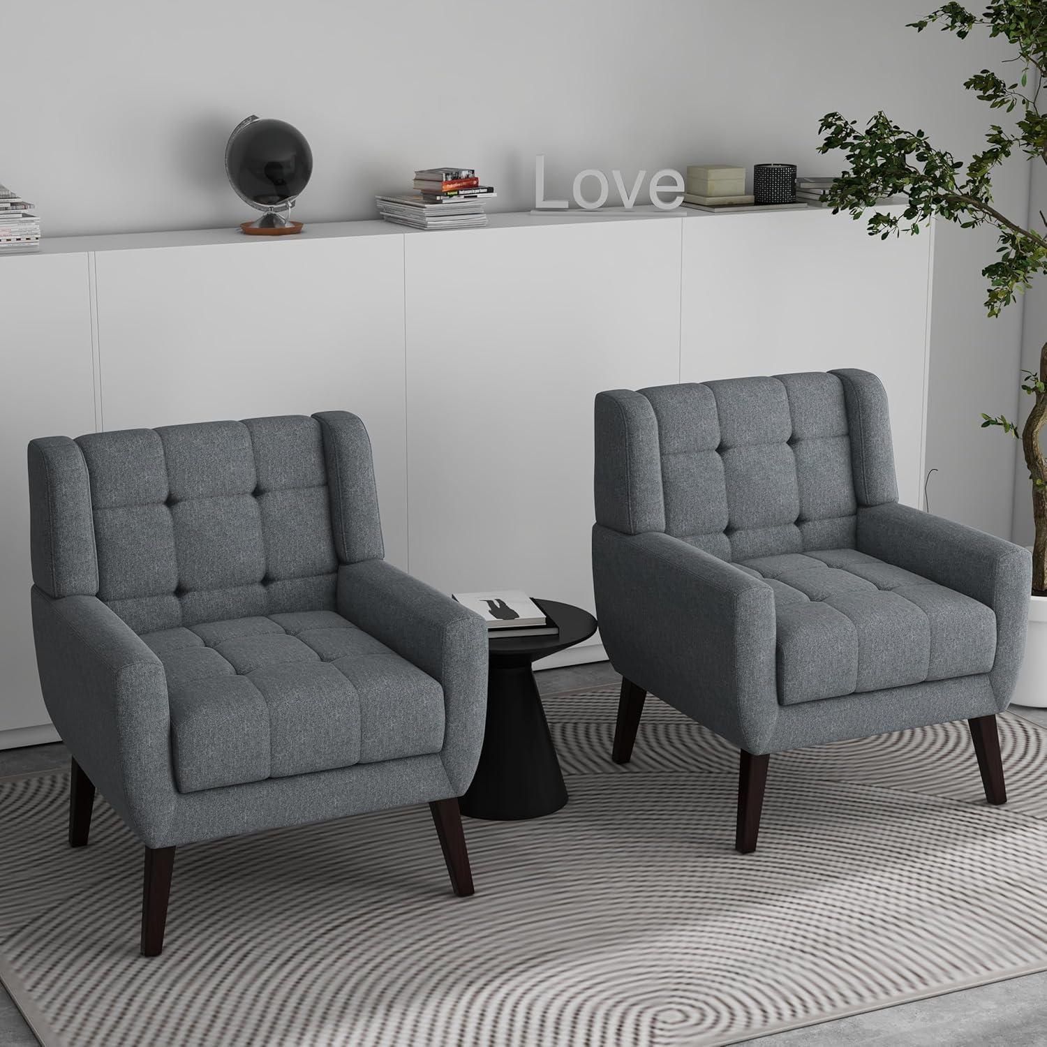 Gray Tufted Faux Leather Armchairs with Wooden Legs, Set of 2