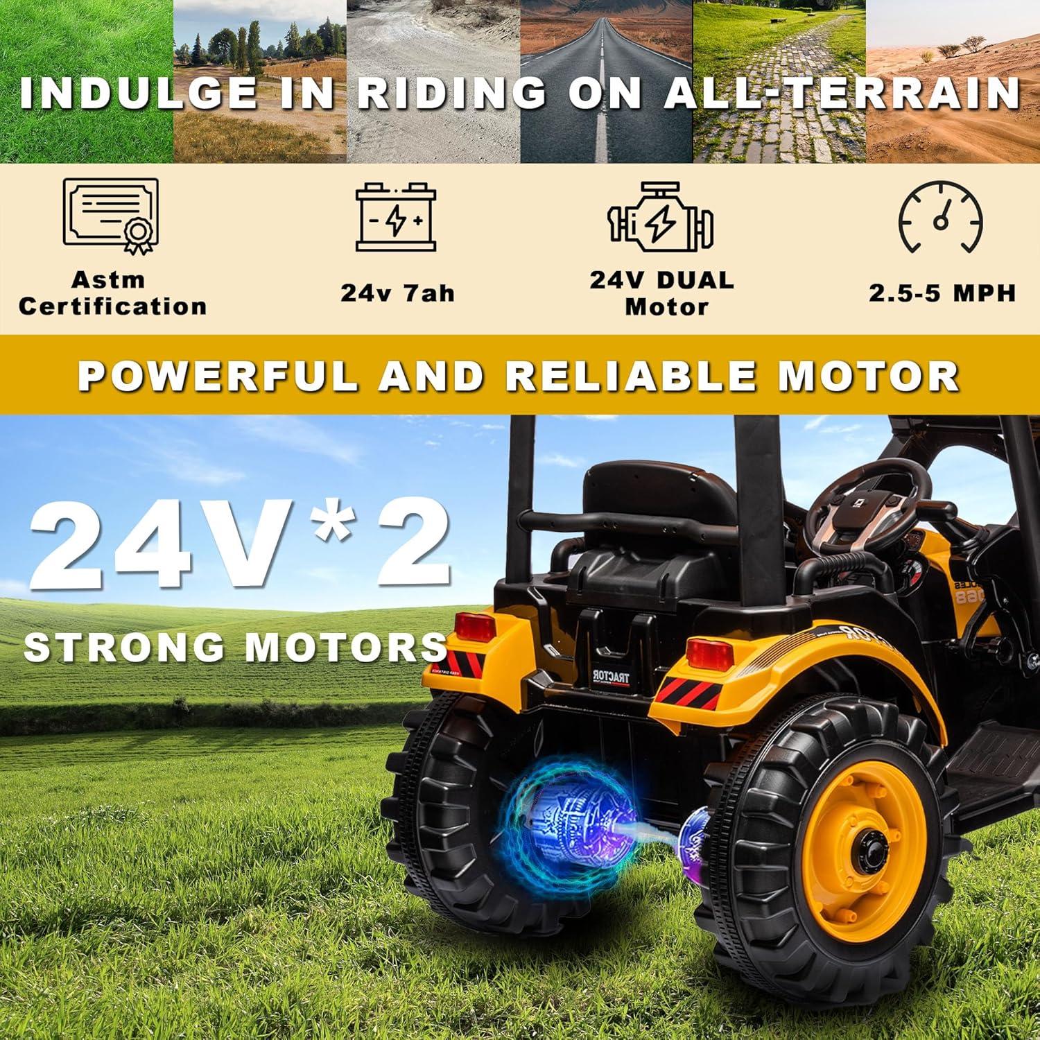 24V Yellow Kids Ride-On Tractor with Front Loader