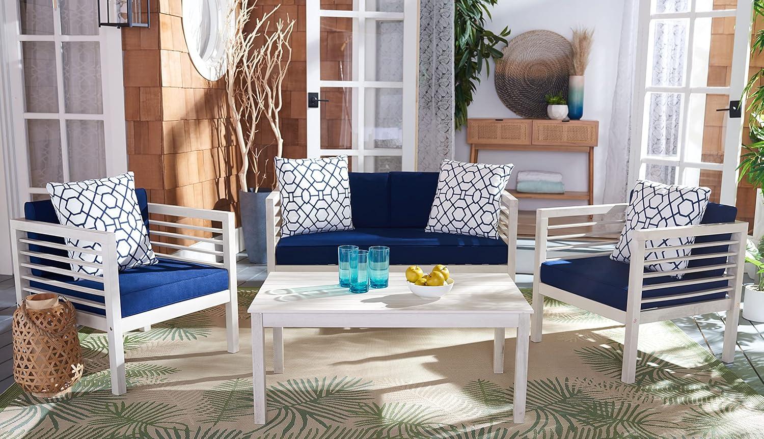 Alda 4 Piece Patio Outdoor Conversation Set With Accent Pillows - White/Navy/White - Safavieh