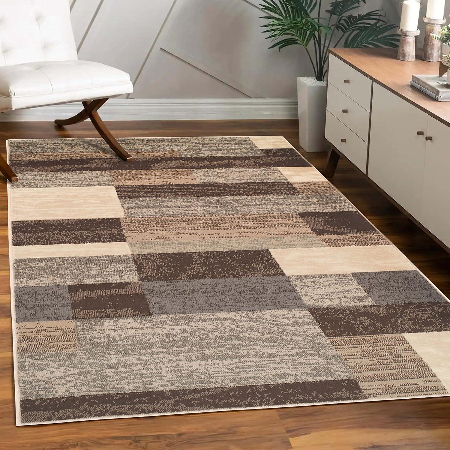 SUPERIOR Indoor Area Rug, Jute Backed, Modern Geometric Patchwork Floor Decor for Bedroom, Office, Living Room, Entryway, Hardwood Floors, Rockwood Collection, 8' x 10', Slate