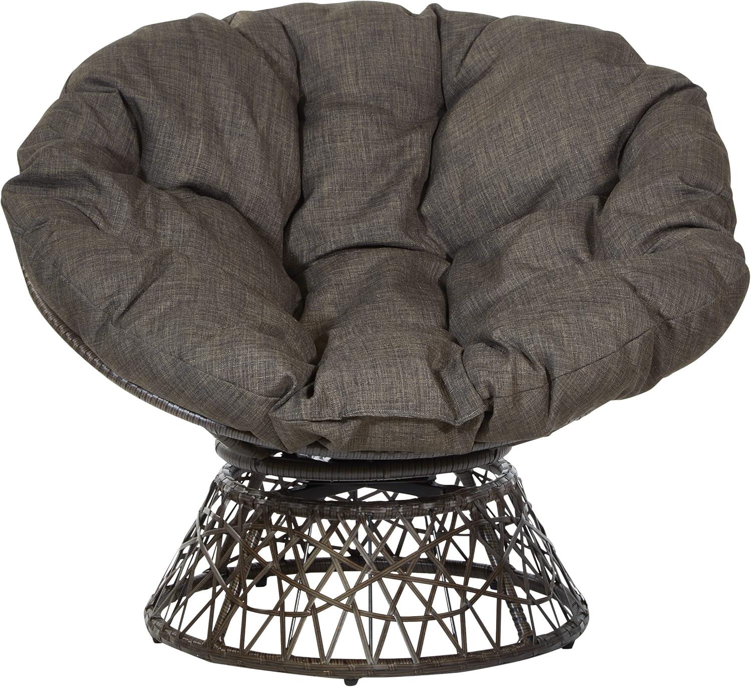 Papasan Chair with Brown Round Pillow Cushion and Brown Resin Wicker Weave